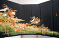 Load image into Gallery viewer, Premium Fabric: Cranes Dancing Among the Leaves | black green orange