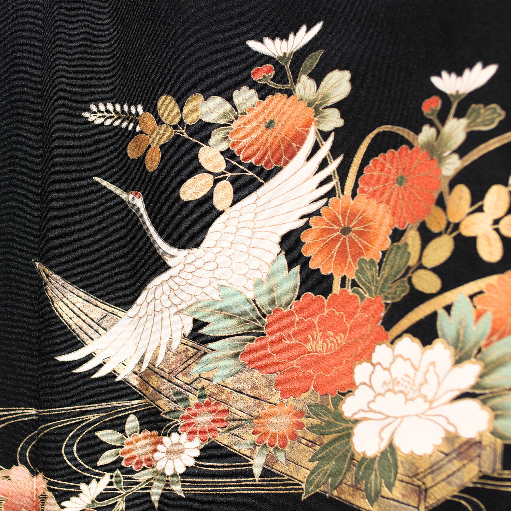 Premium Fabric: Cranes Dancing Among the Leaves | black green orange