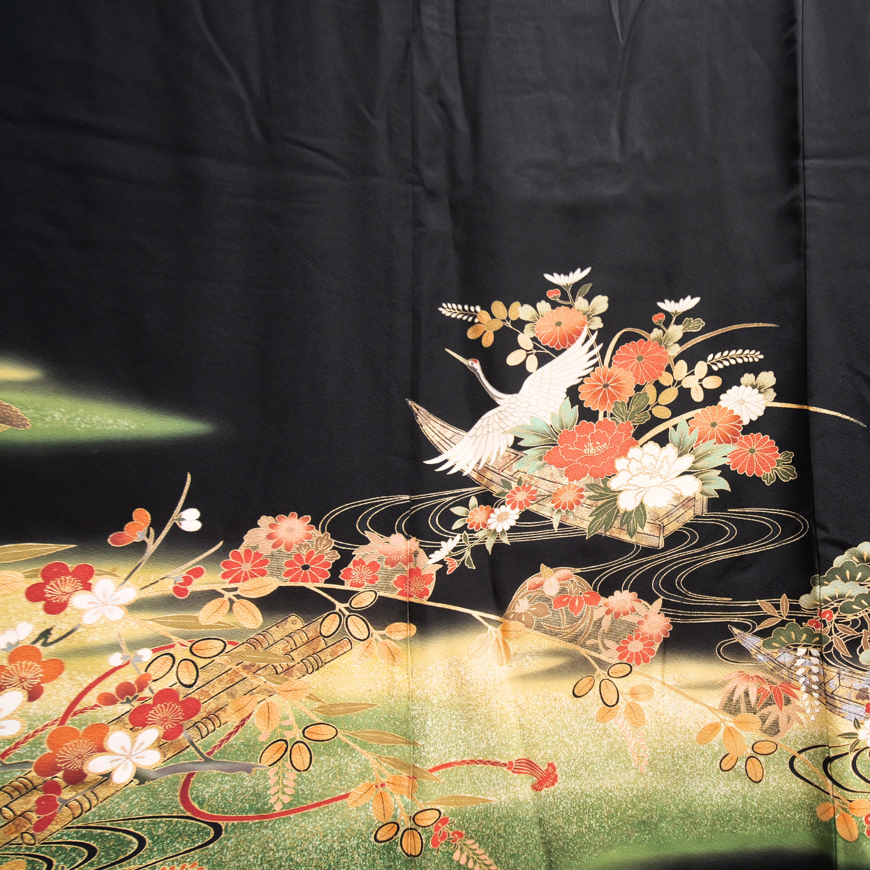 Premium Fabric: Cranes Dancing Among the Leaves | black green orange