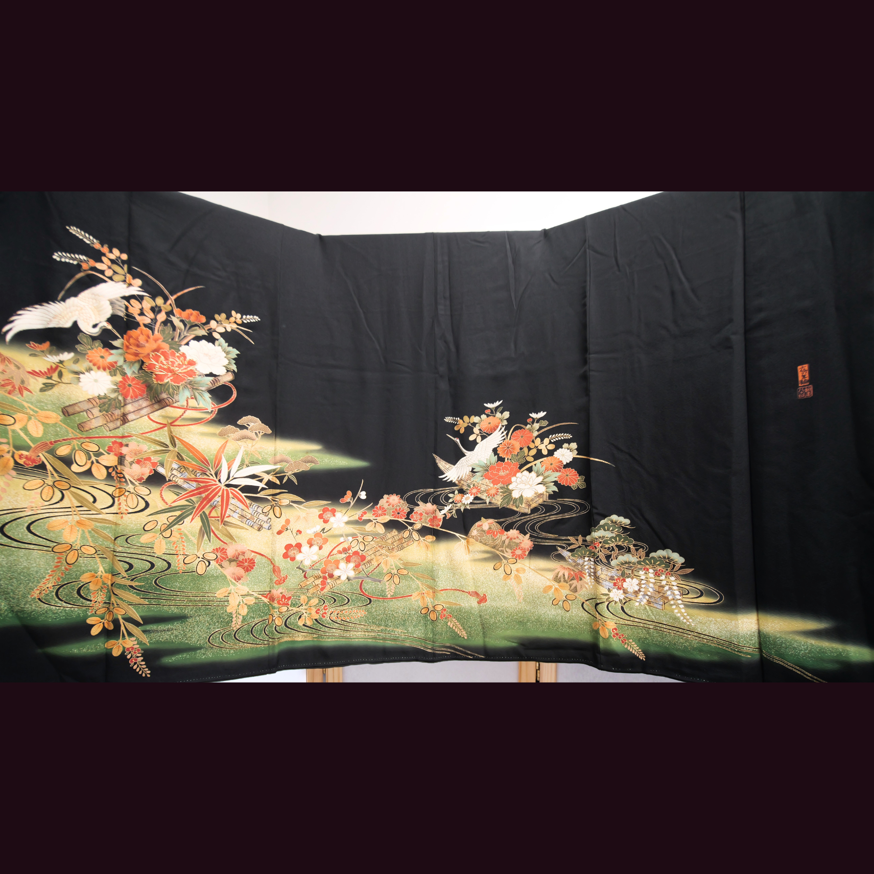 Premium Fabric: Cranes Dancing Among the Leaves | black green orange