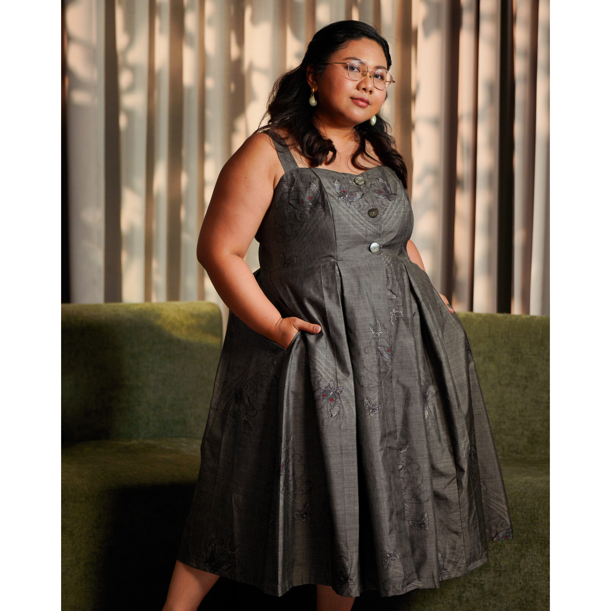 On-hand item: Gray Oshima Buttoned Puff Dress