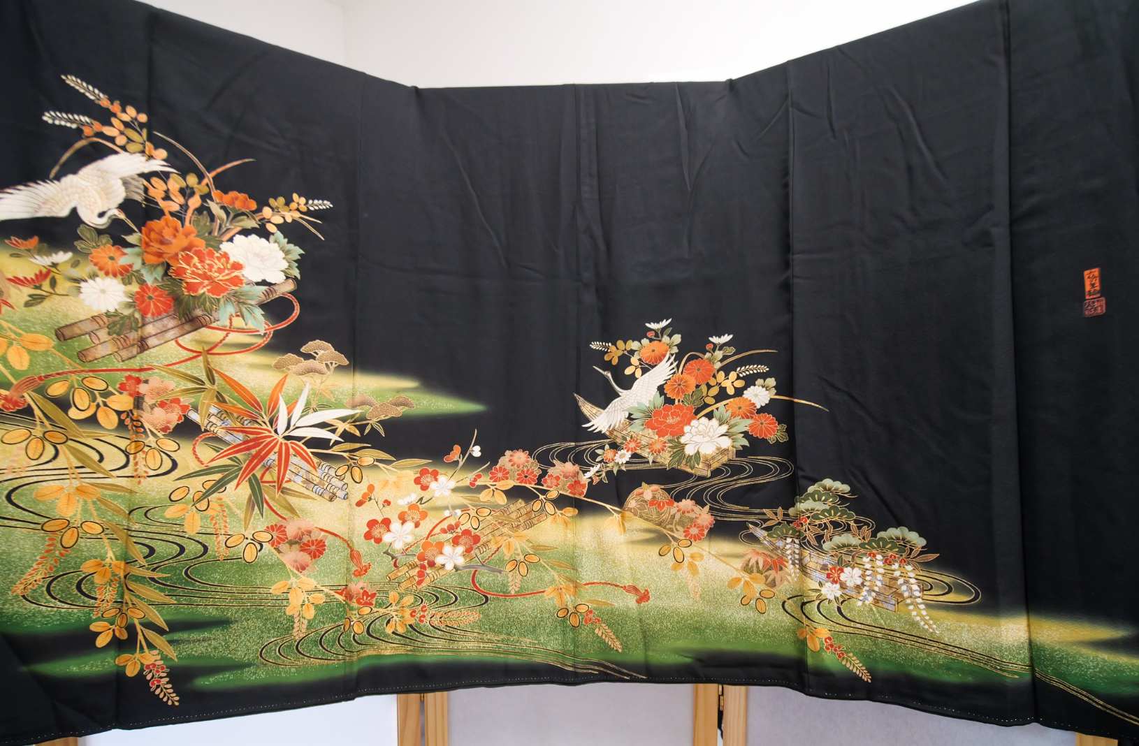 Premium Fabric: Cranes Dancing Among the Leaves | black green orange