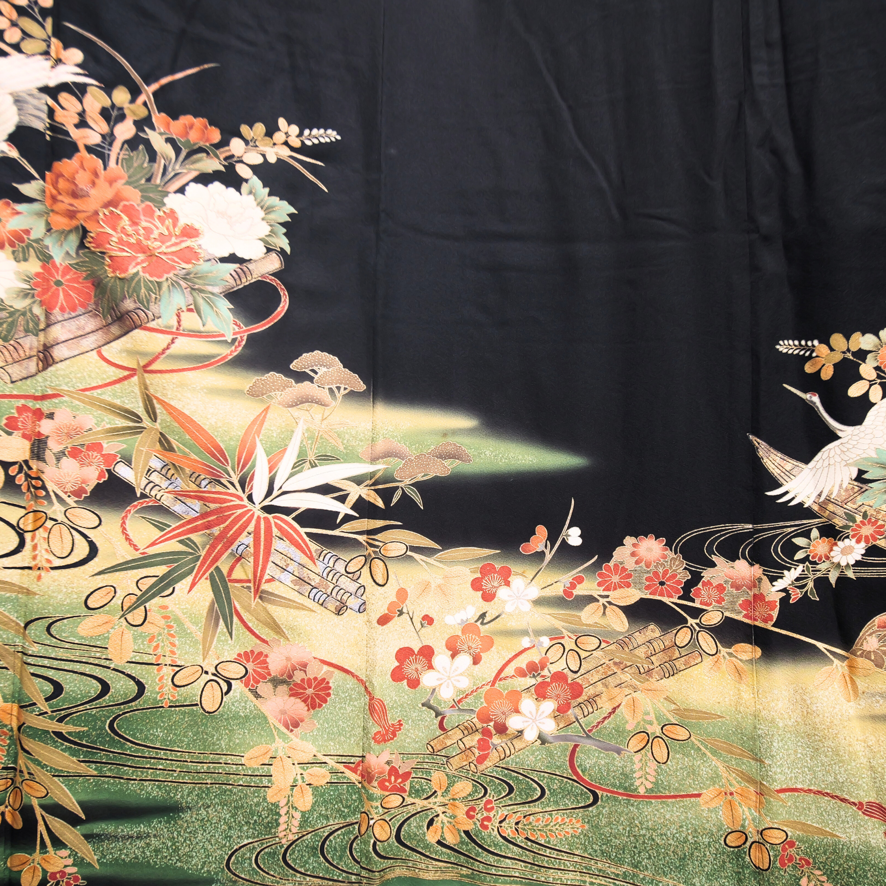 Premium Fabric: Cranes Dancing Among the Leaves | black green orange