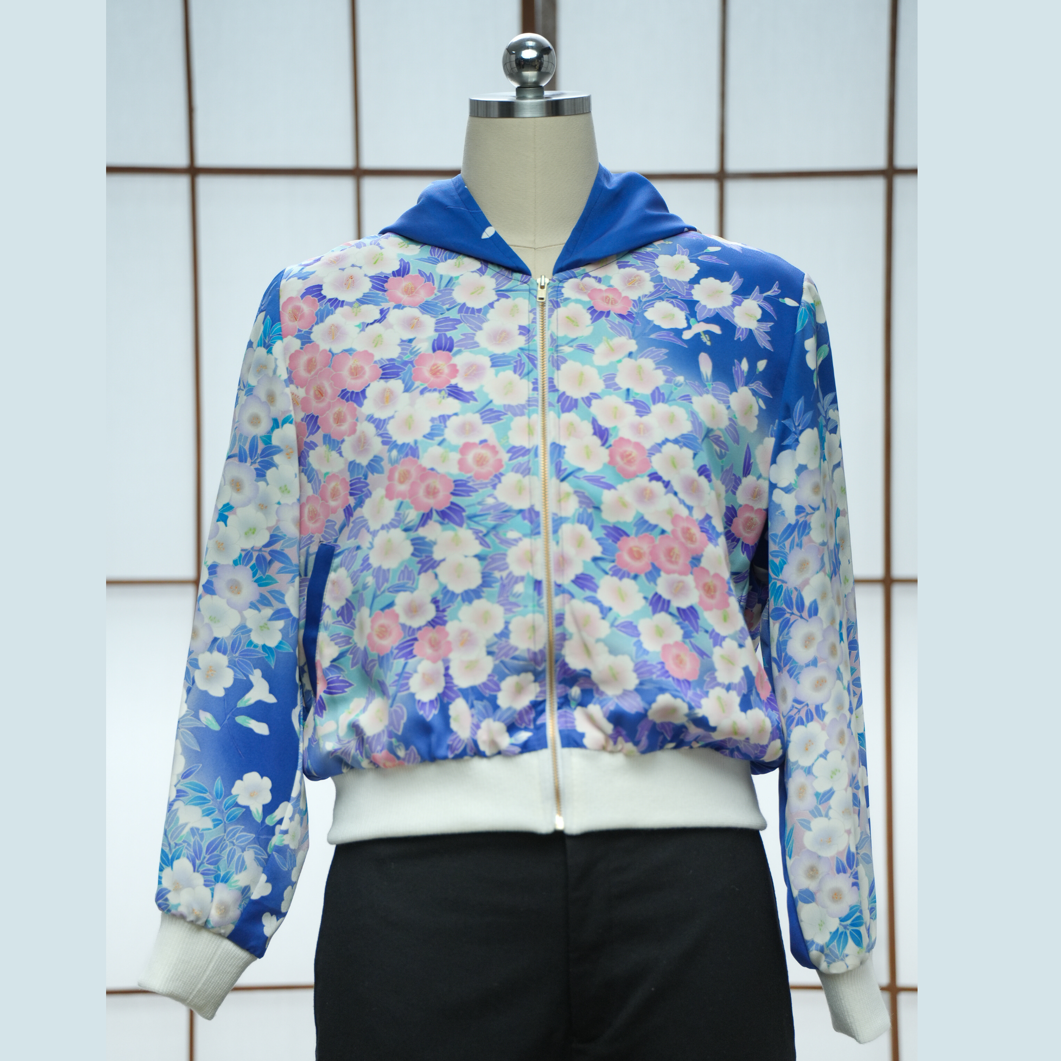 Premium On-hand: Blue flower Bomber Jacket with Hoodie | XLB | BJH7299Ml