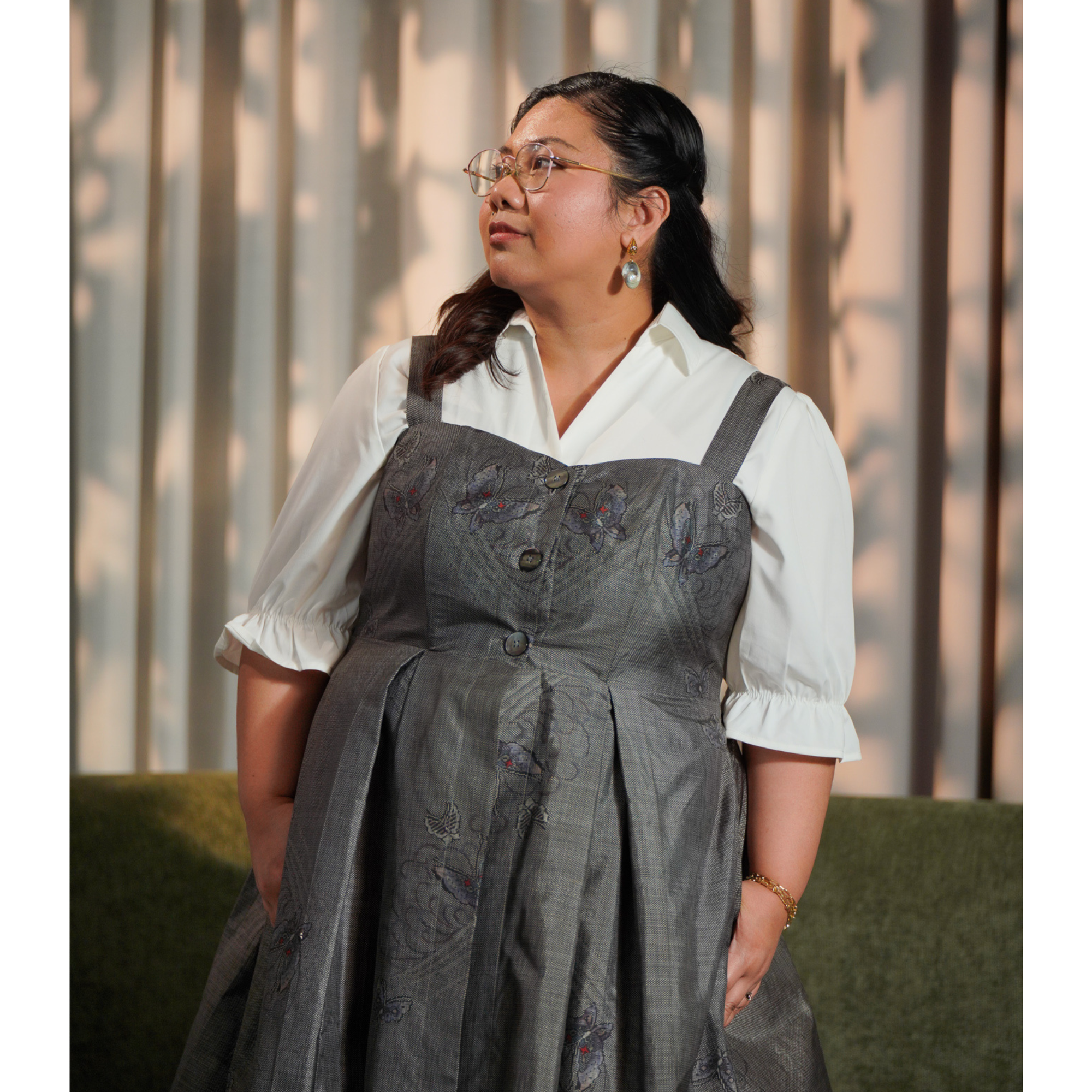 On-hand item: Gray Oshima Buttoned Puff Dress