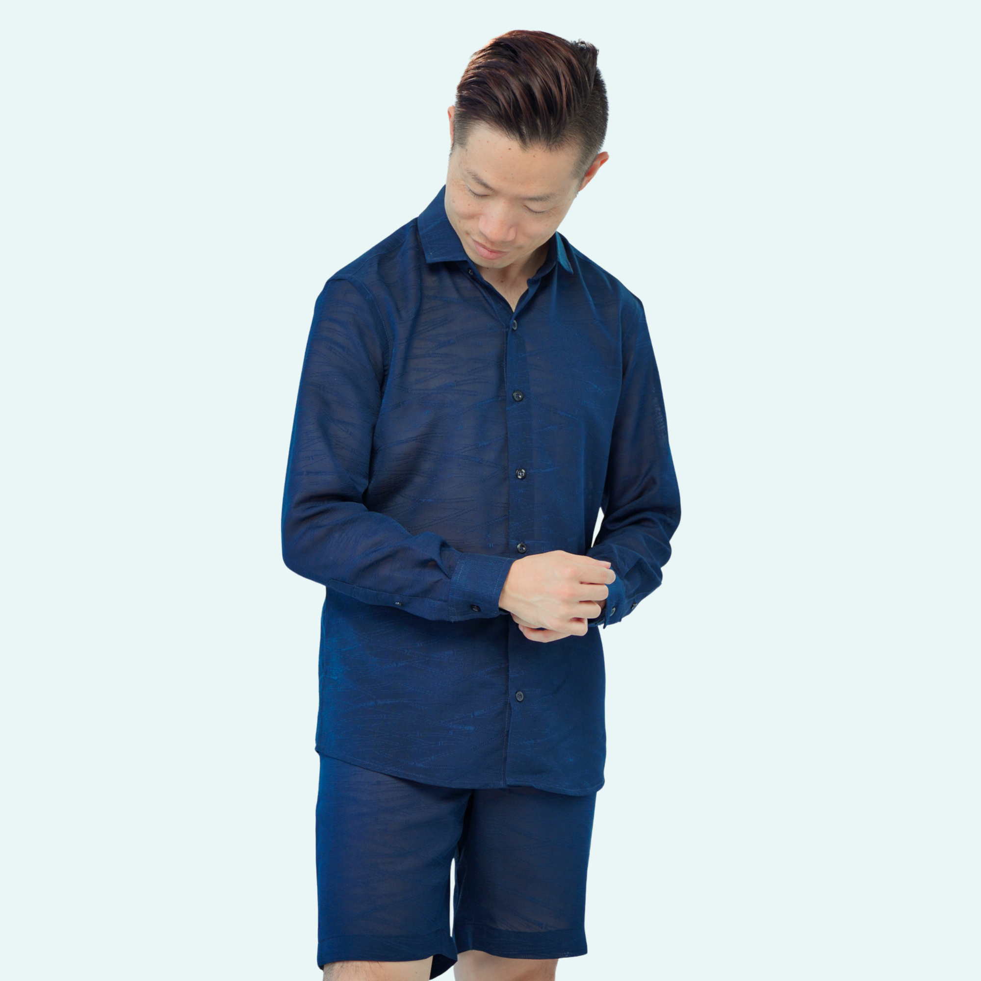 On-hand item: See through Dress shirt and short set for Men | L | Blue