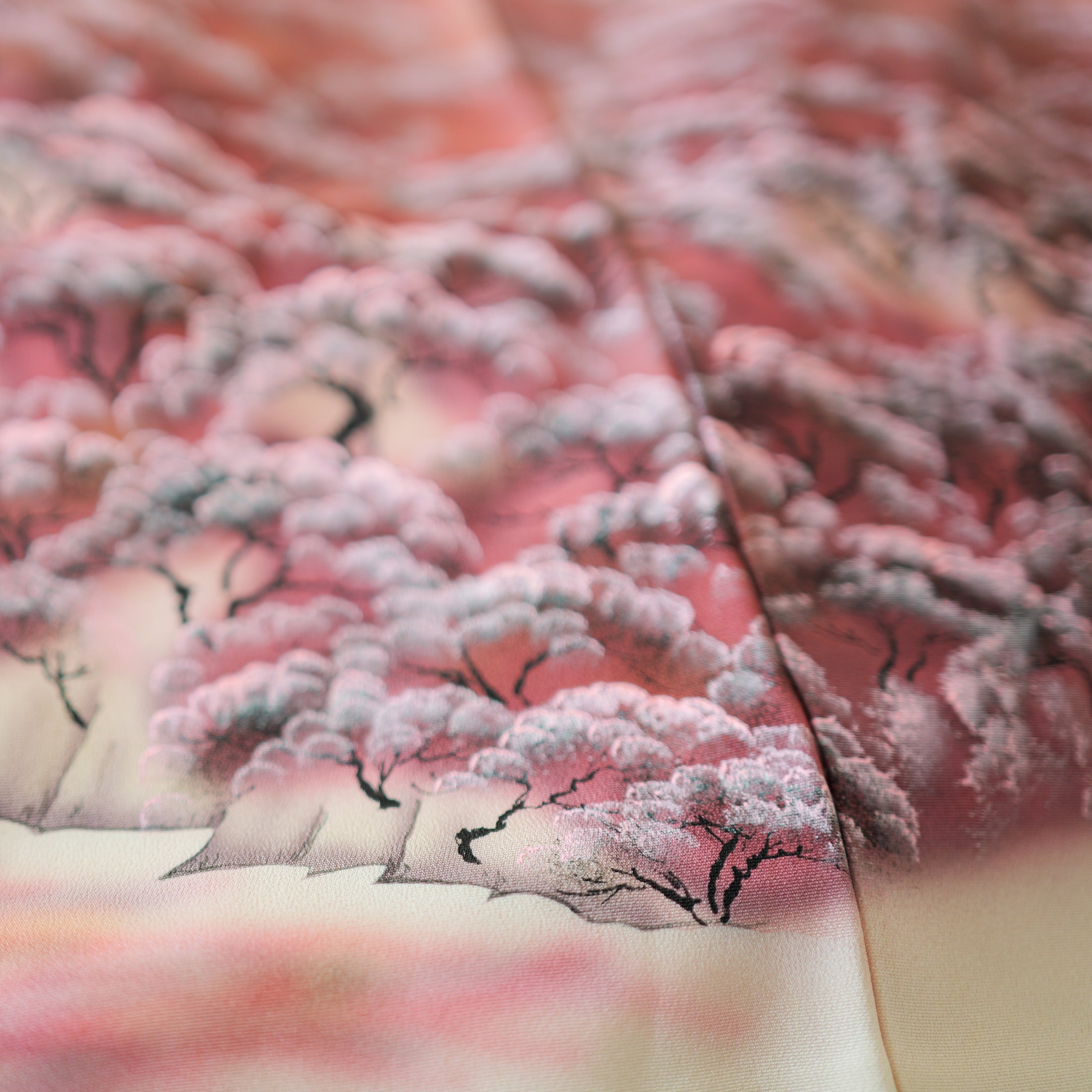 Dec 29 Live : Sakura Mountain - Cream Fabric unique painting; so soft! (D29)