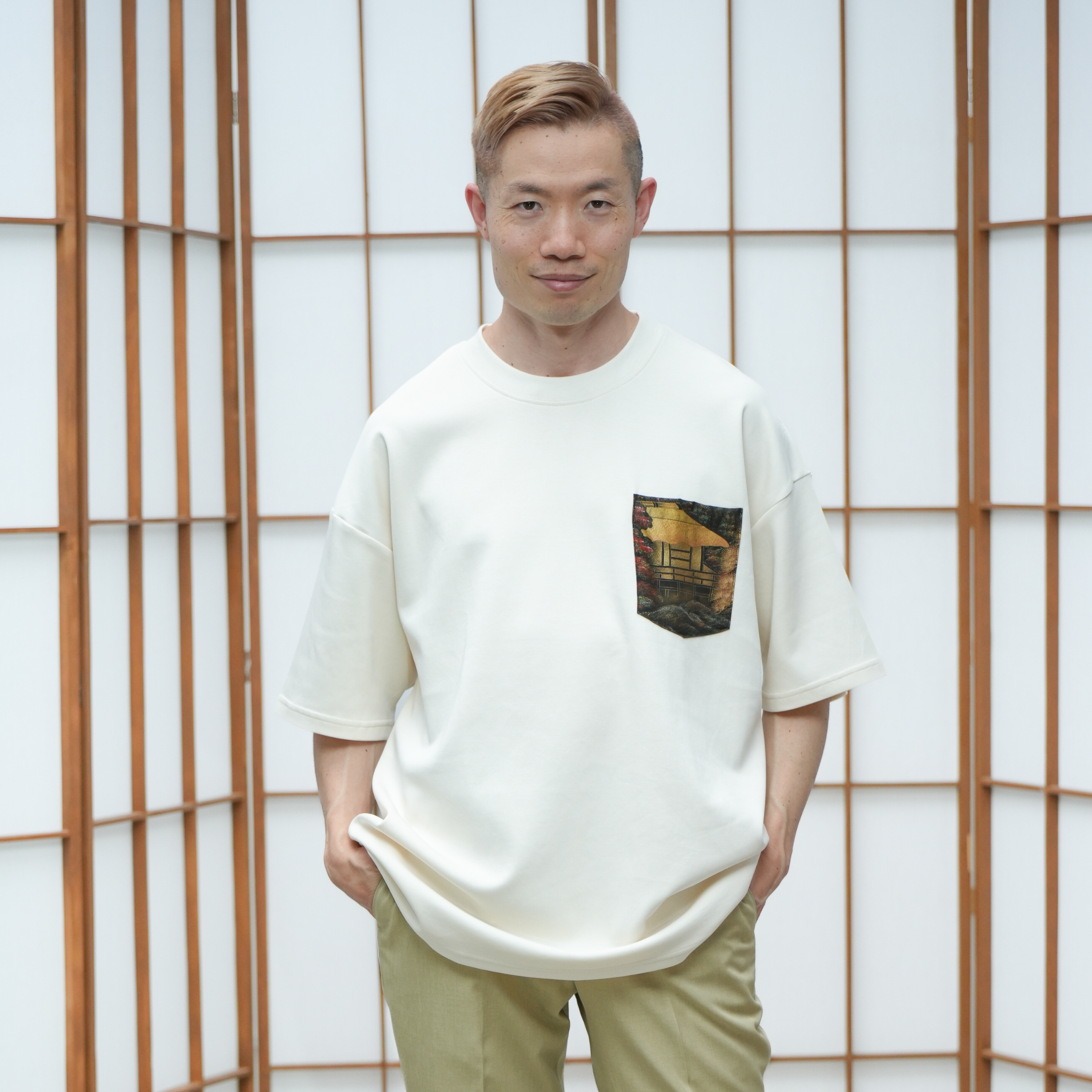 Premium On-hand: White Men’s patchwork shirt | XL | TS7273