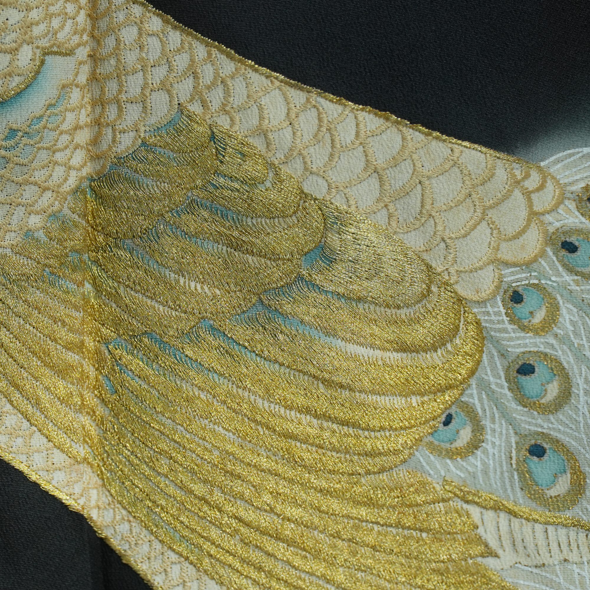 Chiku Fabric: 0316-16-  Black golden peacock (RARE SPREAD WOW)