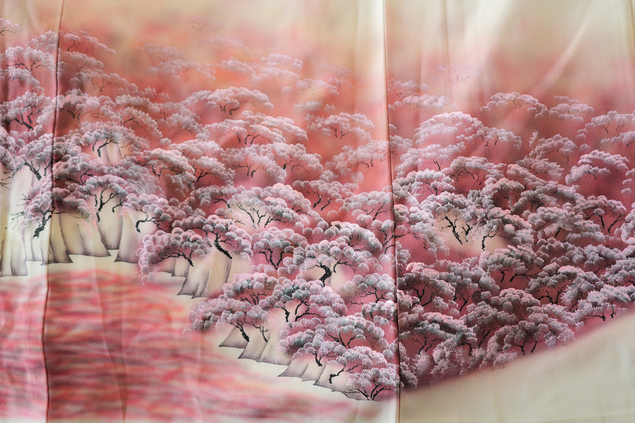 Dec 29 Live : Sakura Mountain - Cream Fabric unique painting; so soft! (D29)