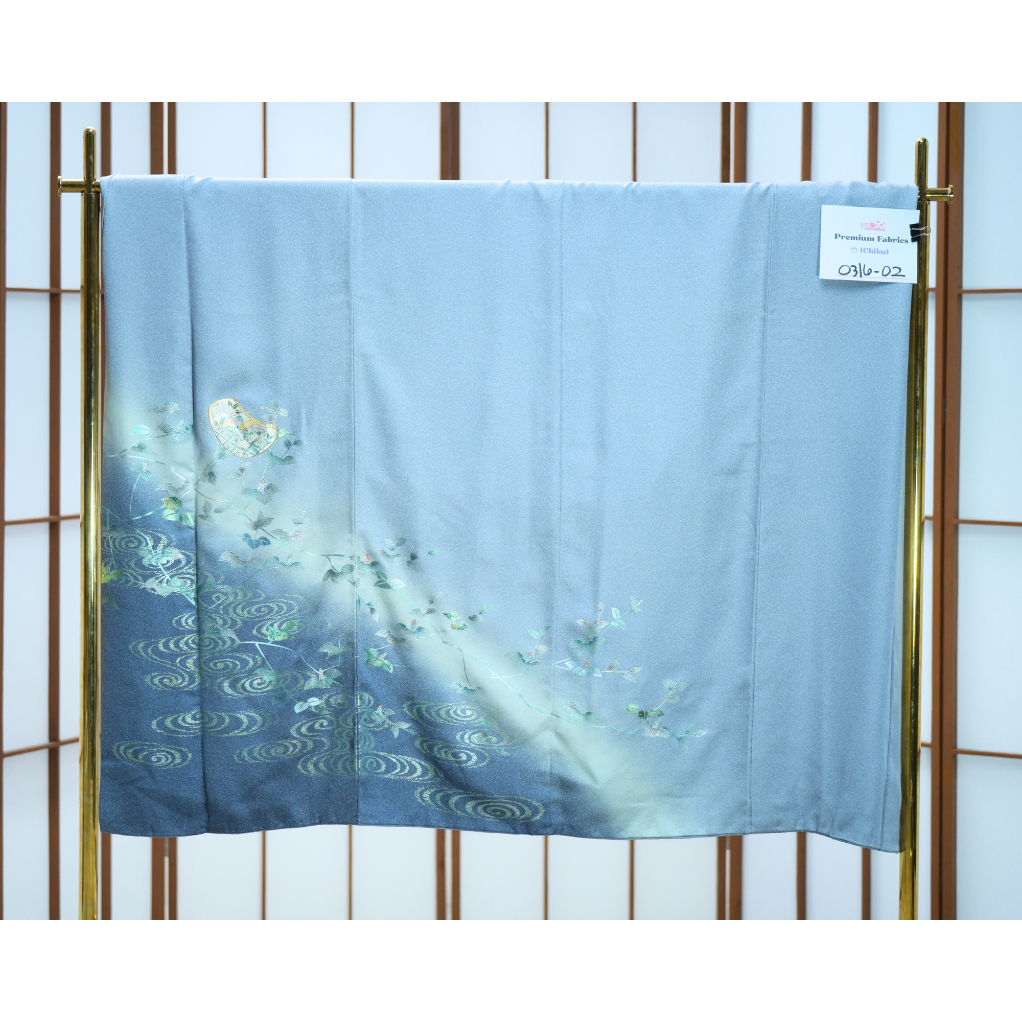 Chiku Fabric: 0316-02 Blue Sky with elegant silver patterns