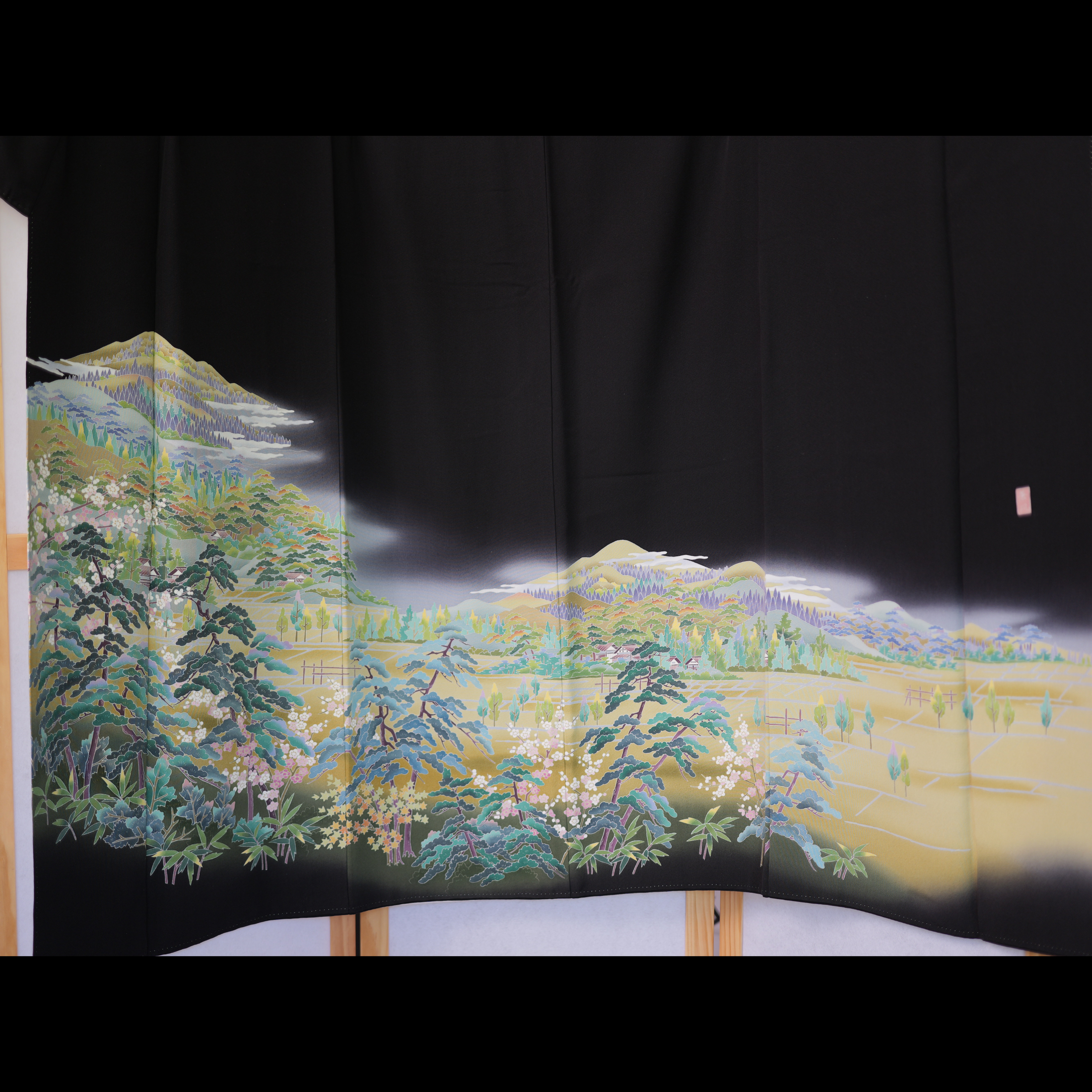 Sakura Collection Fabric: AP9-07 Hazy Mountains Over Fields and Sakura Blooms