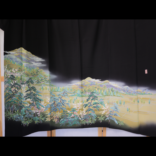 Sakura Collection Fabric: AP9-07 Hazy Mountains Over Fields and Sakura Blooms