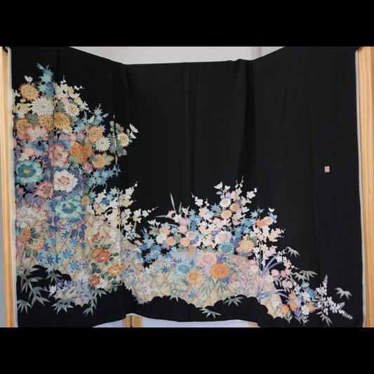 Sakura Collection Fabric: AP9-09 Colorful Chrysanthemums with Golden Outline