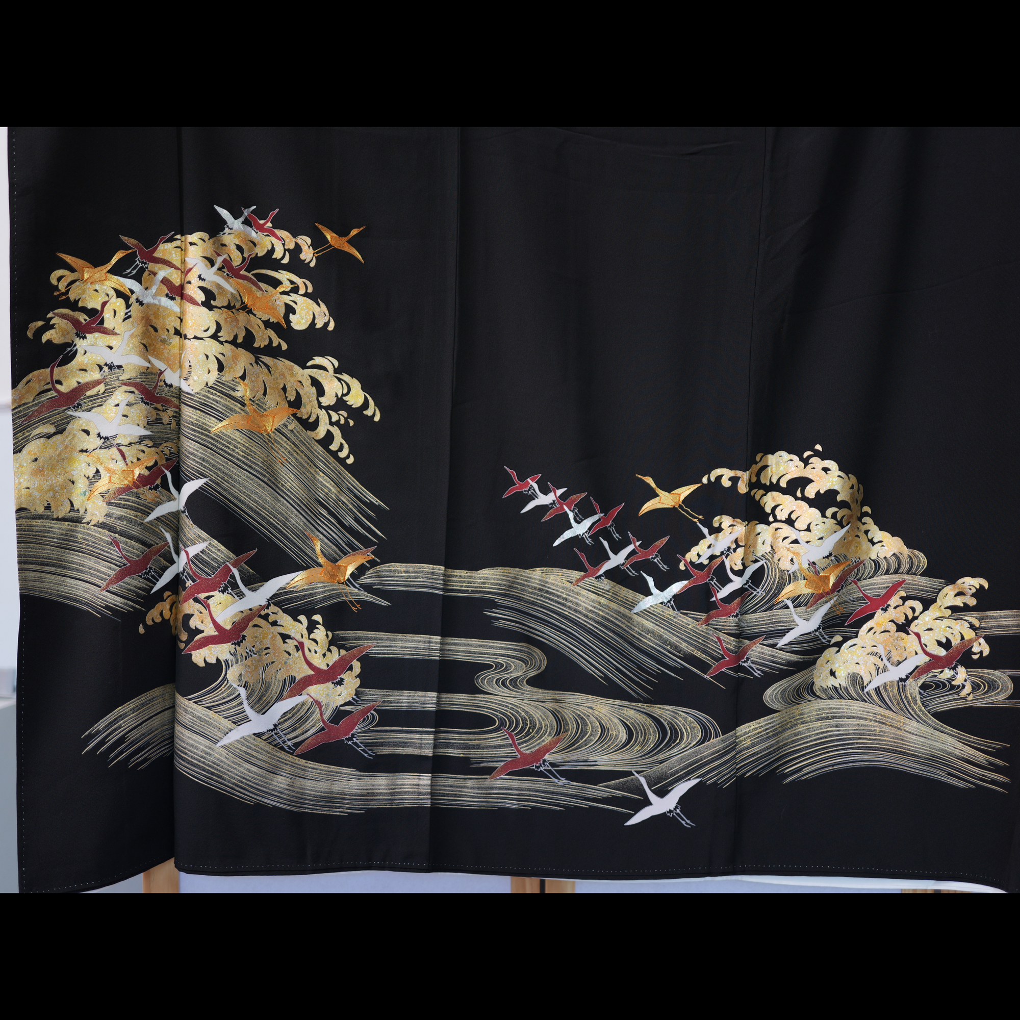 Sakura Collection Fabric: AP9-10 Gold and Red Cranes Over Golden Waves