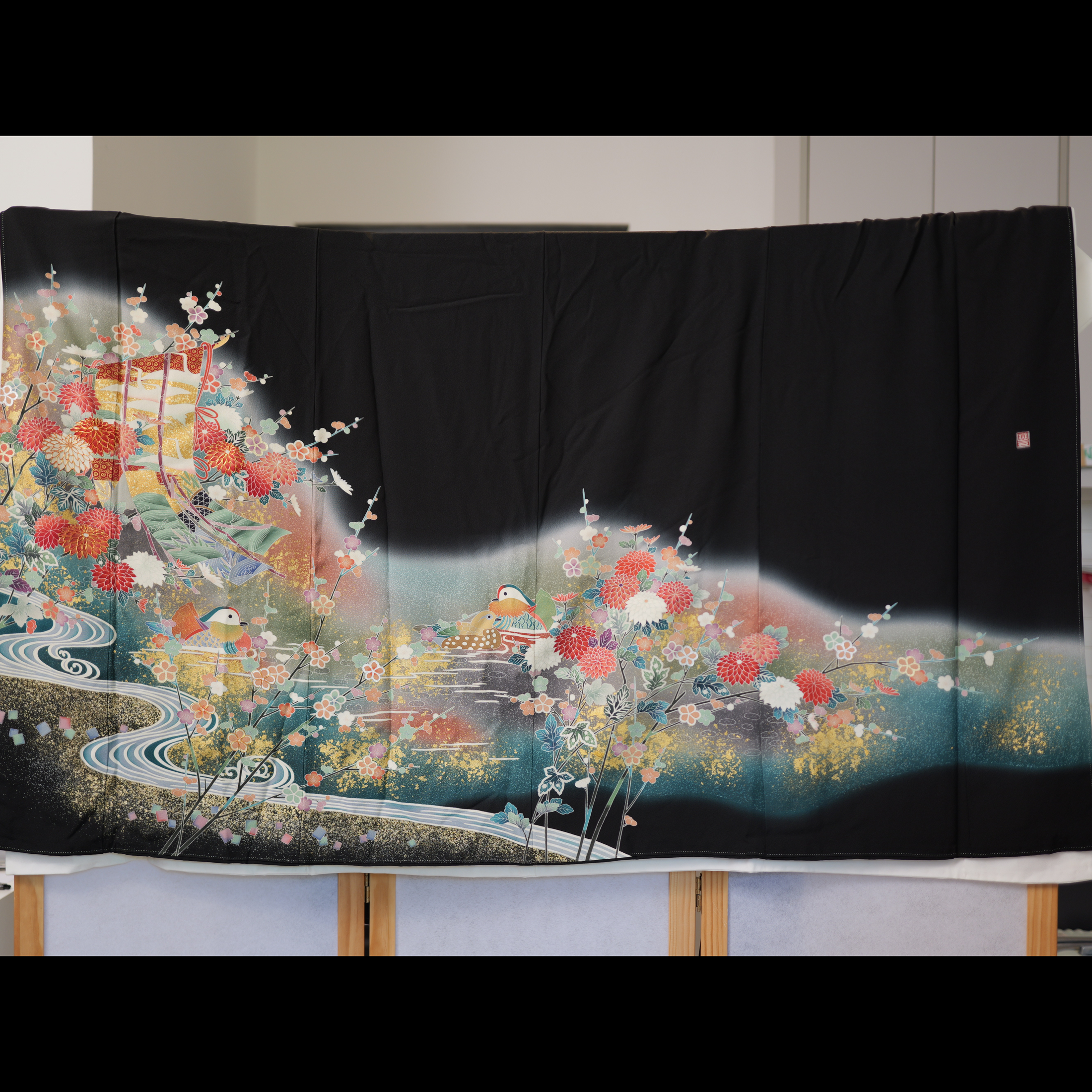 Sakura Collection Fabric: AP9-18-U Multicolored Mandarin Ducks with Gold Embroidery
