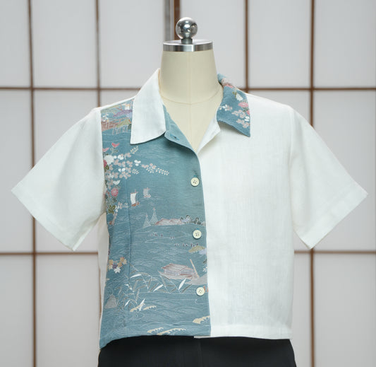 On-hand: Linen Cropped Polo | HPP7480A | Blue (L)