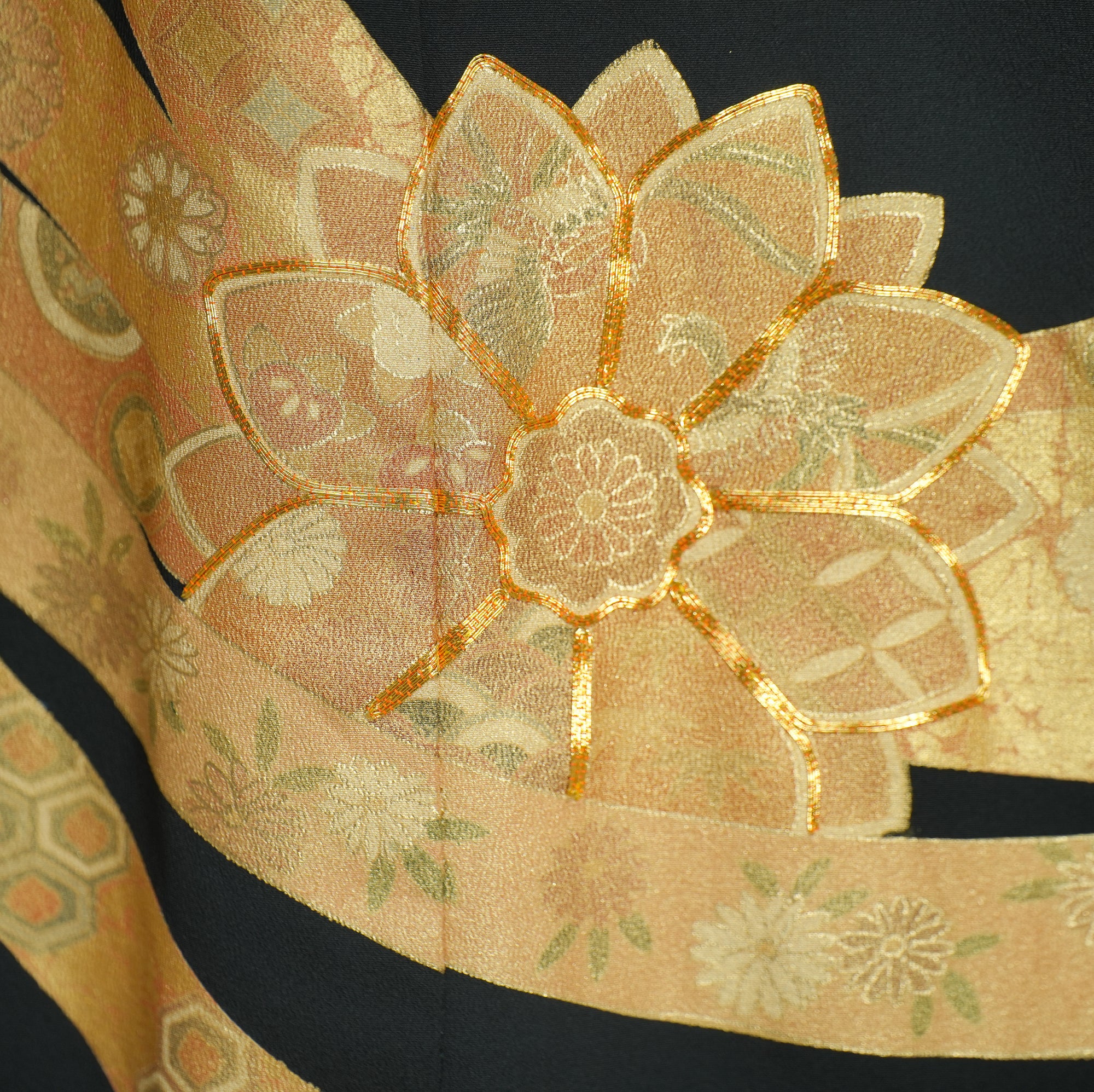 Chiku Fabric: 0327-25 Black gold floral thread