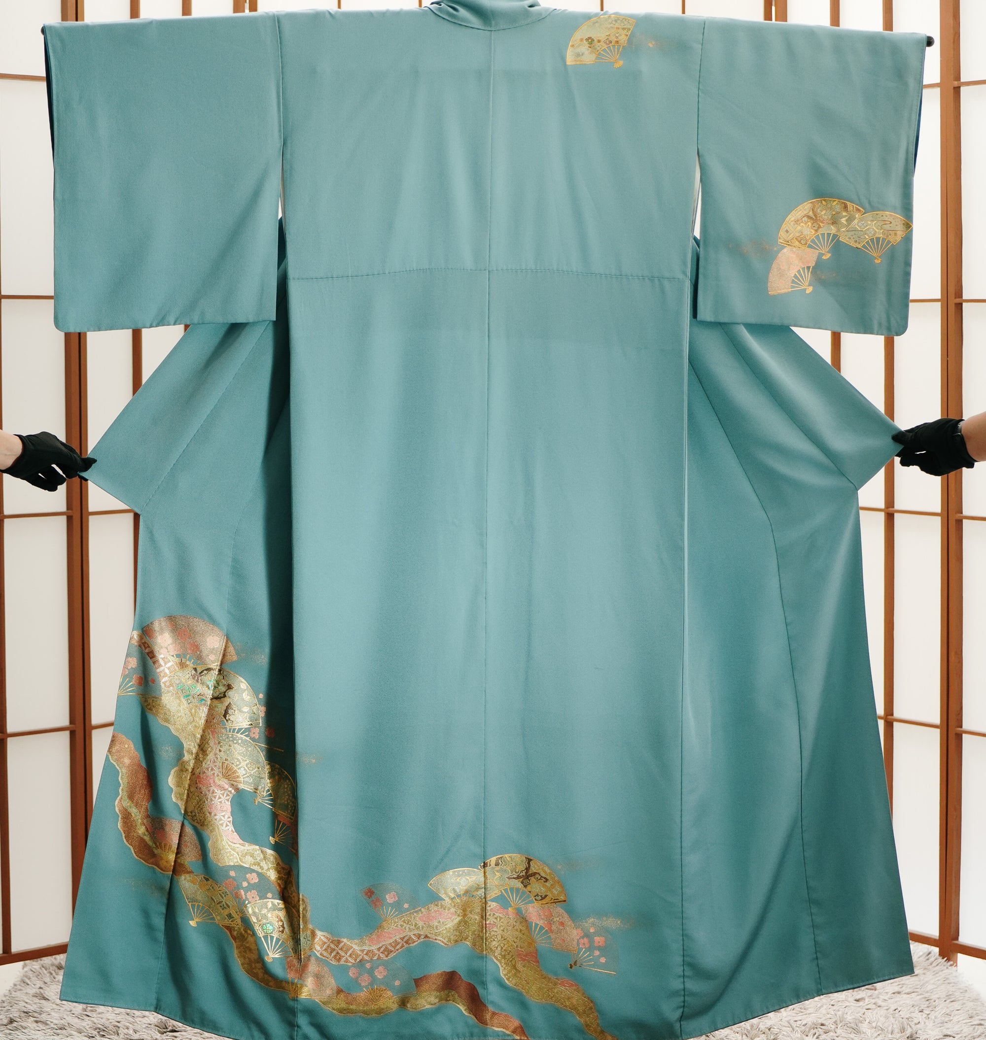Premium Fabric SHO: 0416-10 | Gold Pastel Blue Fans