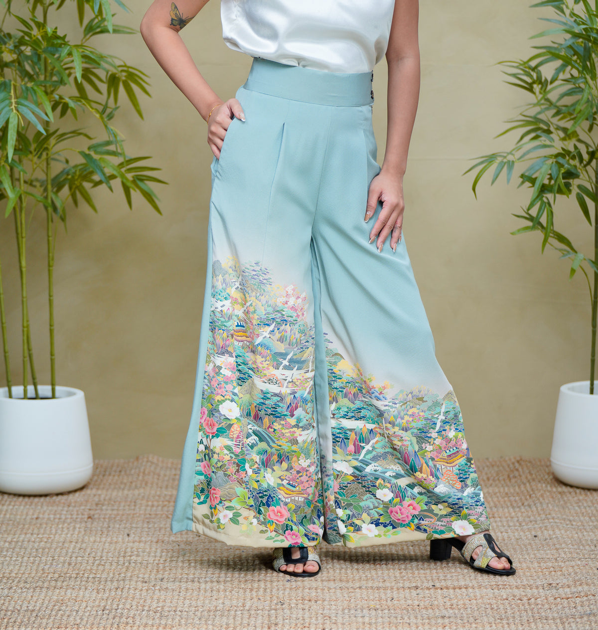 On-hand: Colored Palazzo Pants |  PP8046A LA GREEN (A very beautiful Yuzen).