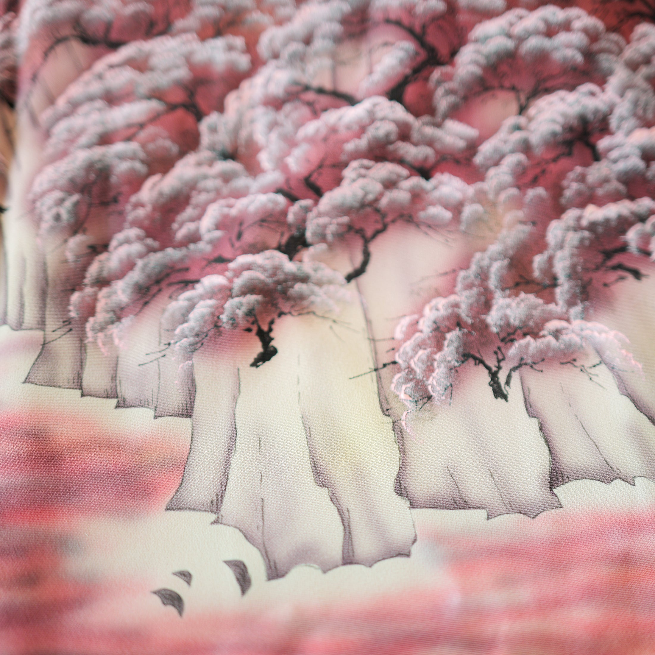 Dec 29 Live : Sakura Mountain - Cream Fabric unique painting; so soft! (D29)