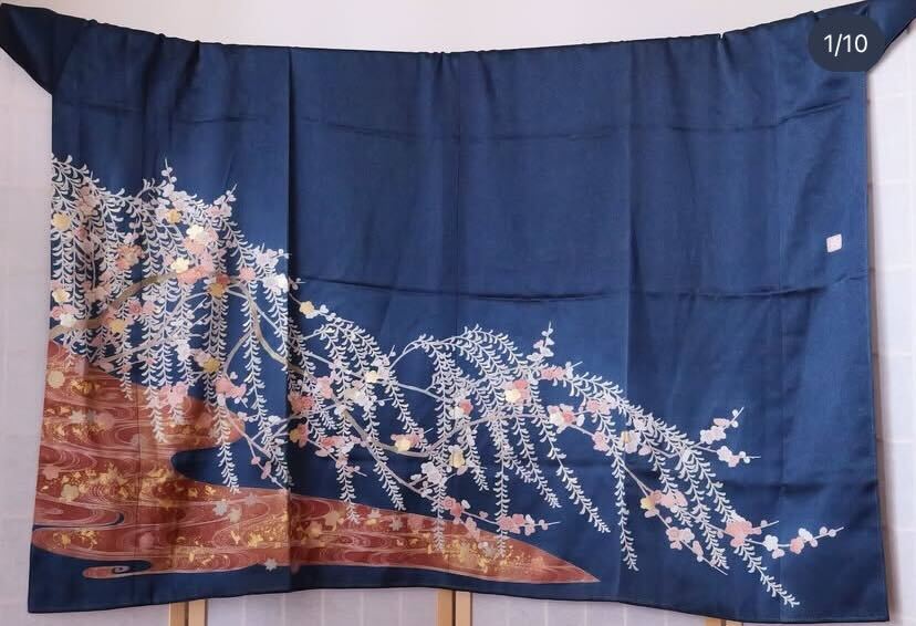 Ju4 Auction Fabric: Dark navy color with weeping sakura | Vneck palazzo coordinates