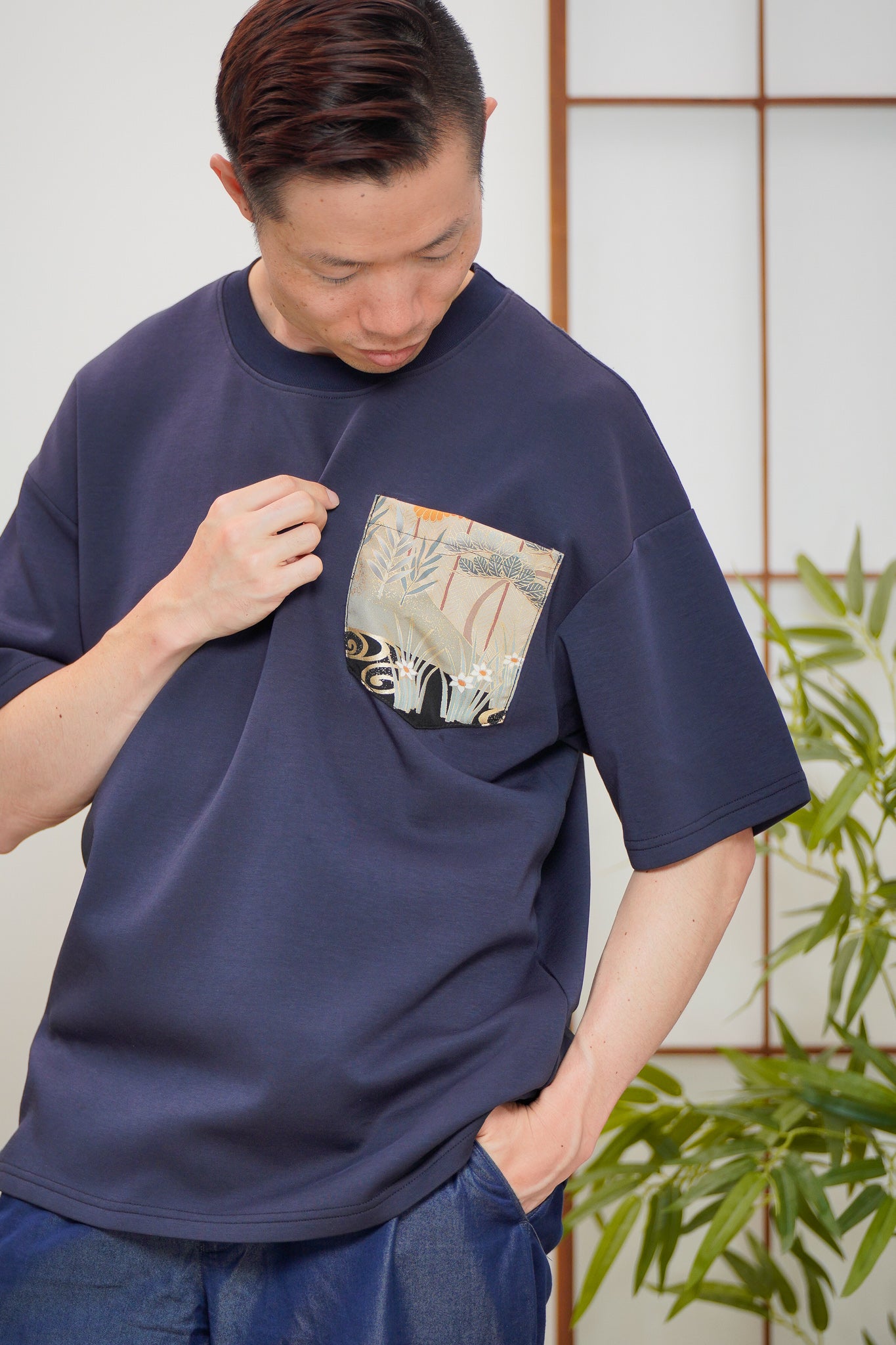 Premium On-hand: Navy Men’s patchwork shirt | M | TSS7365A