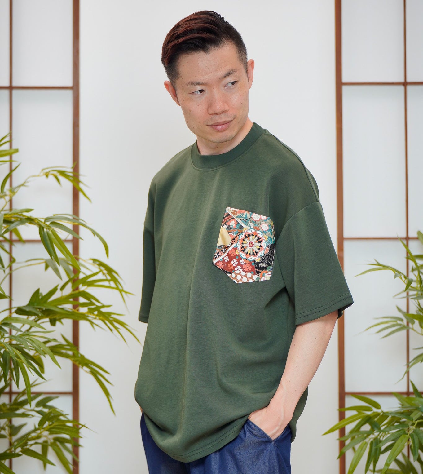 Premium On-hand: Green Men’s patchwork shirt | L | TS7708