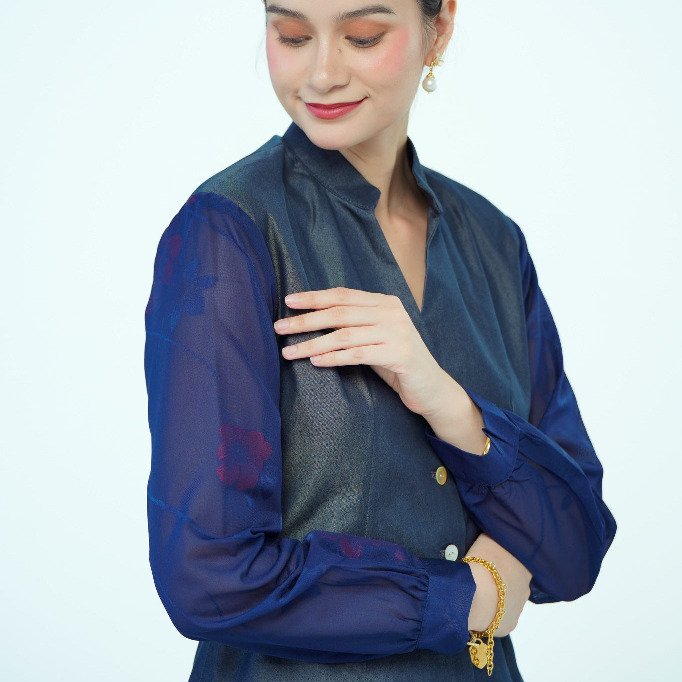 On-hand item: Silk Denim Top with See-through Silk