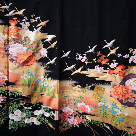 Sakura Collection Fabric: Black Orange Cranes Flying | MA01-09