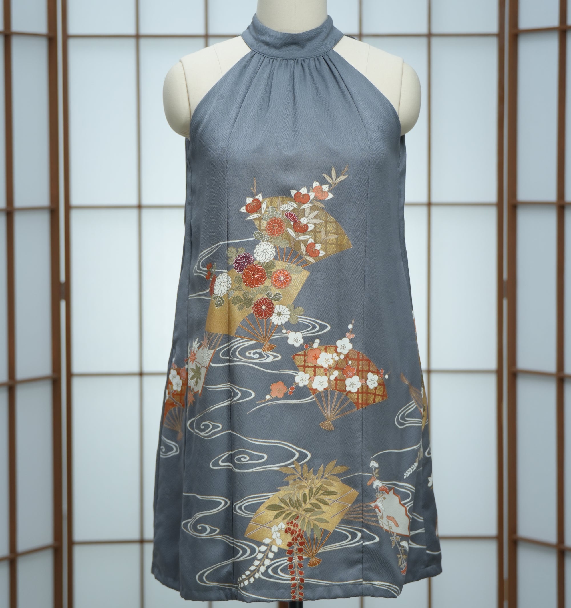Premium On-hand: Gray Halter Dress Floral Fans | HD5919 XLB