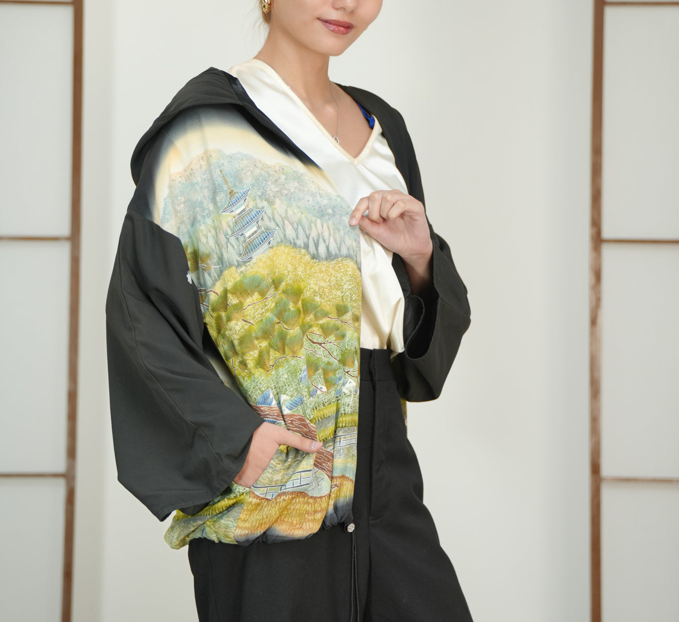Premium On-hand: Black Hoodie | H6340Y (yuzen painting!)
