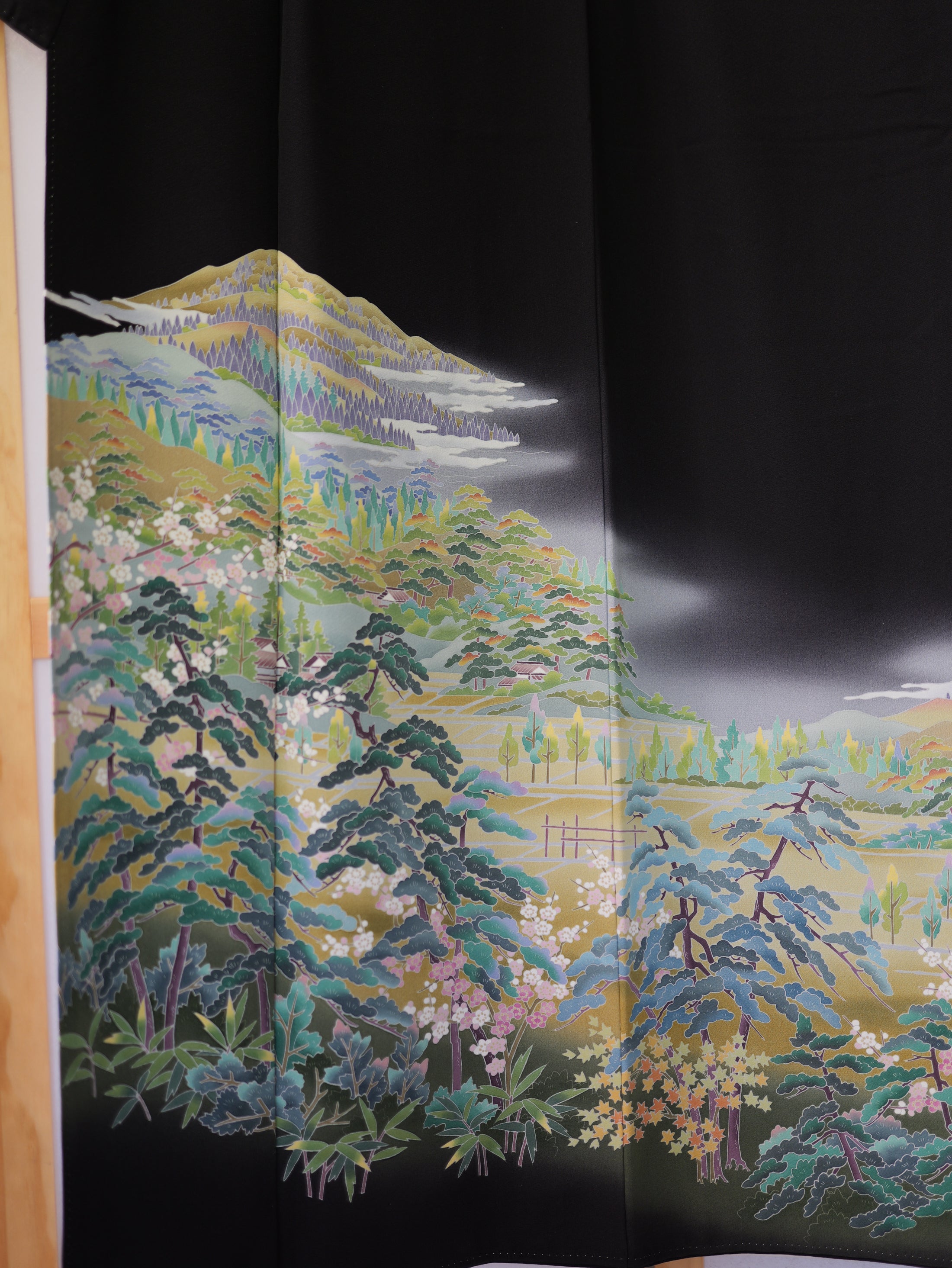 Sakura Collection Fabric: AP9-07 Hazy Mountains Over Fields and Sakura Blooms