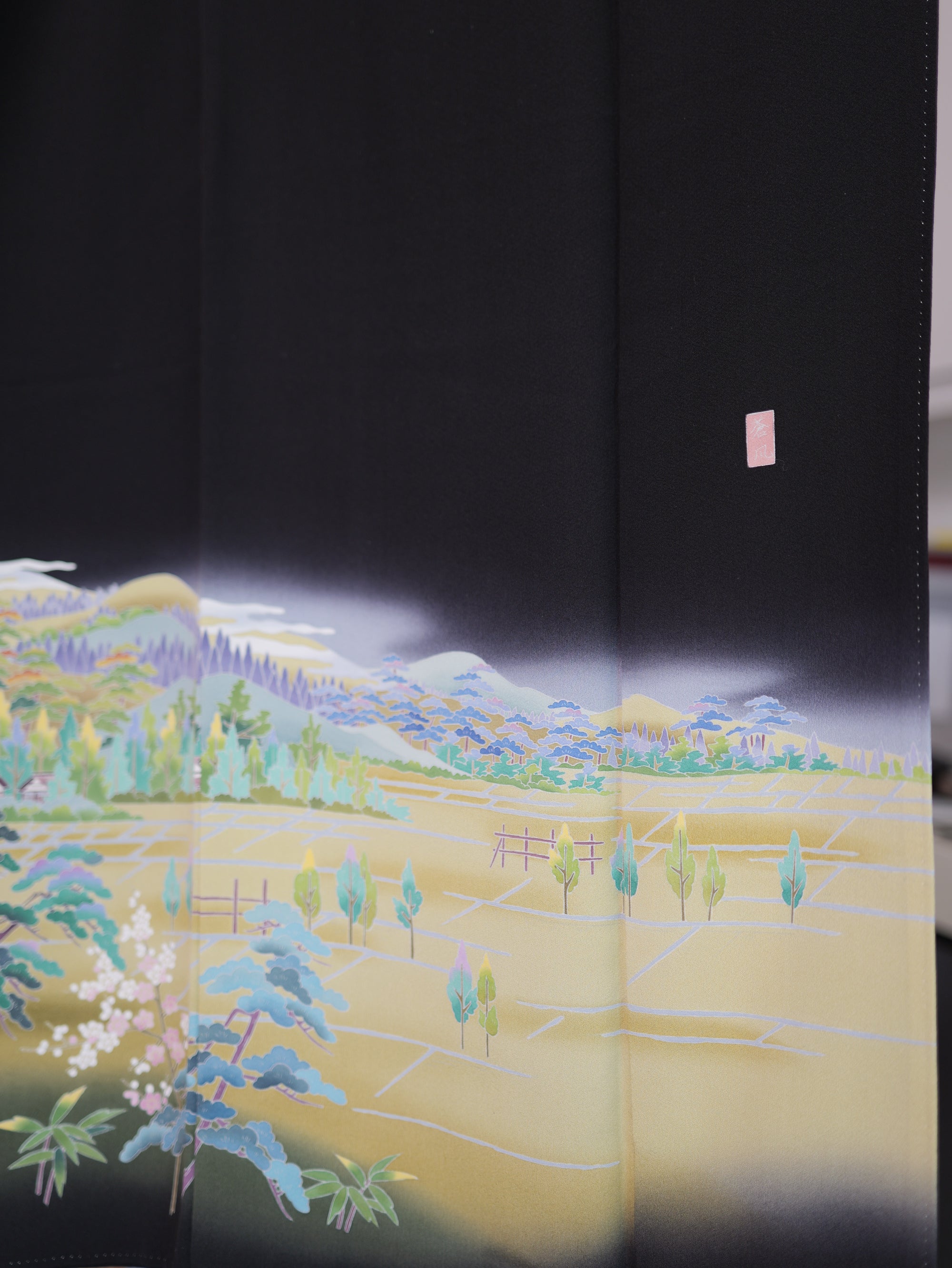 Sakura Collection Fabric: AP9-07 Hazy Mountains Over Fields and Sakura Blooms