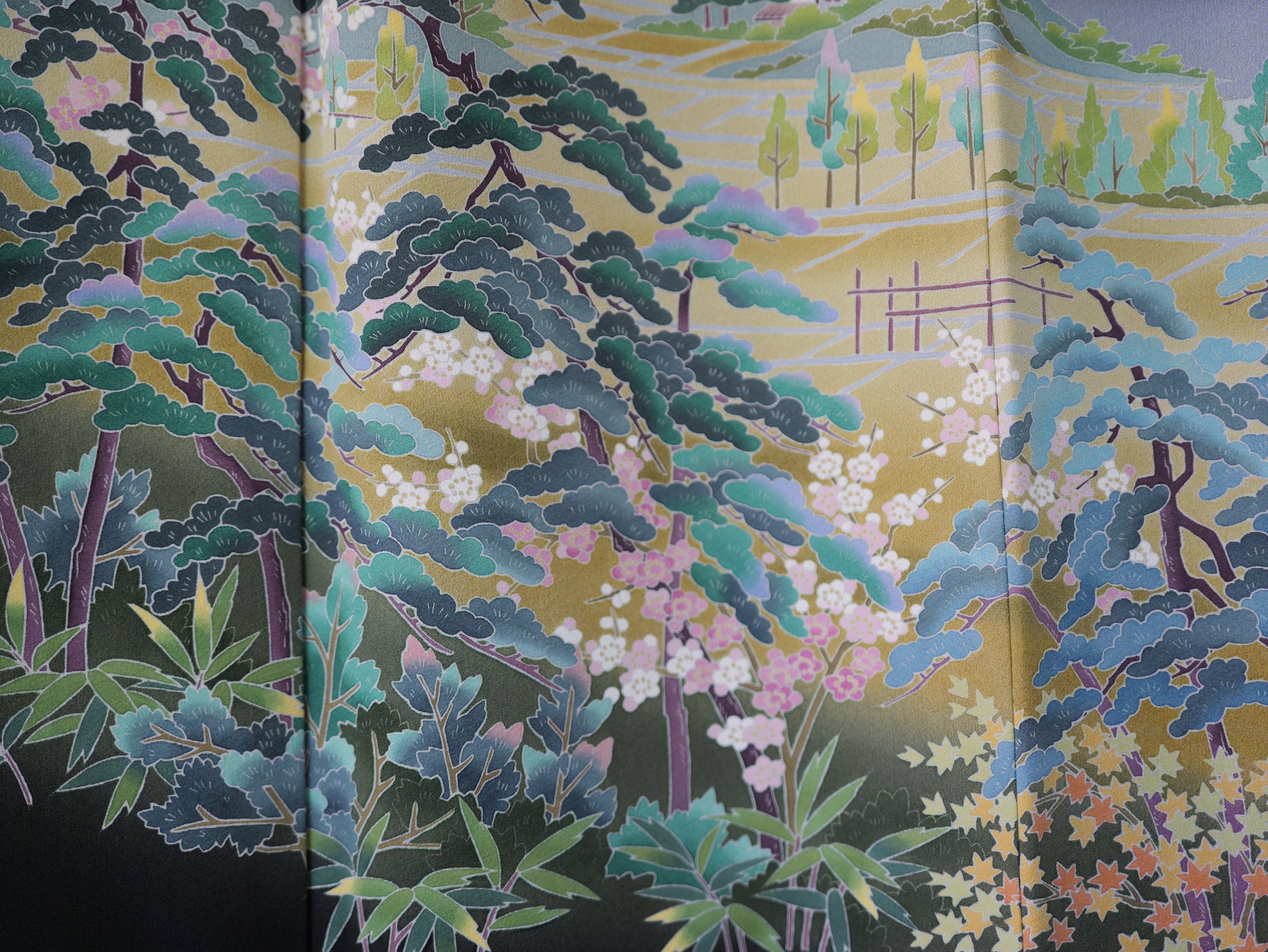Sakura Collection Fabric: AP9-07 Hazy Mountains Over Fields and Sakura Blooms