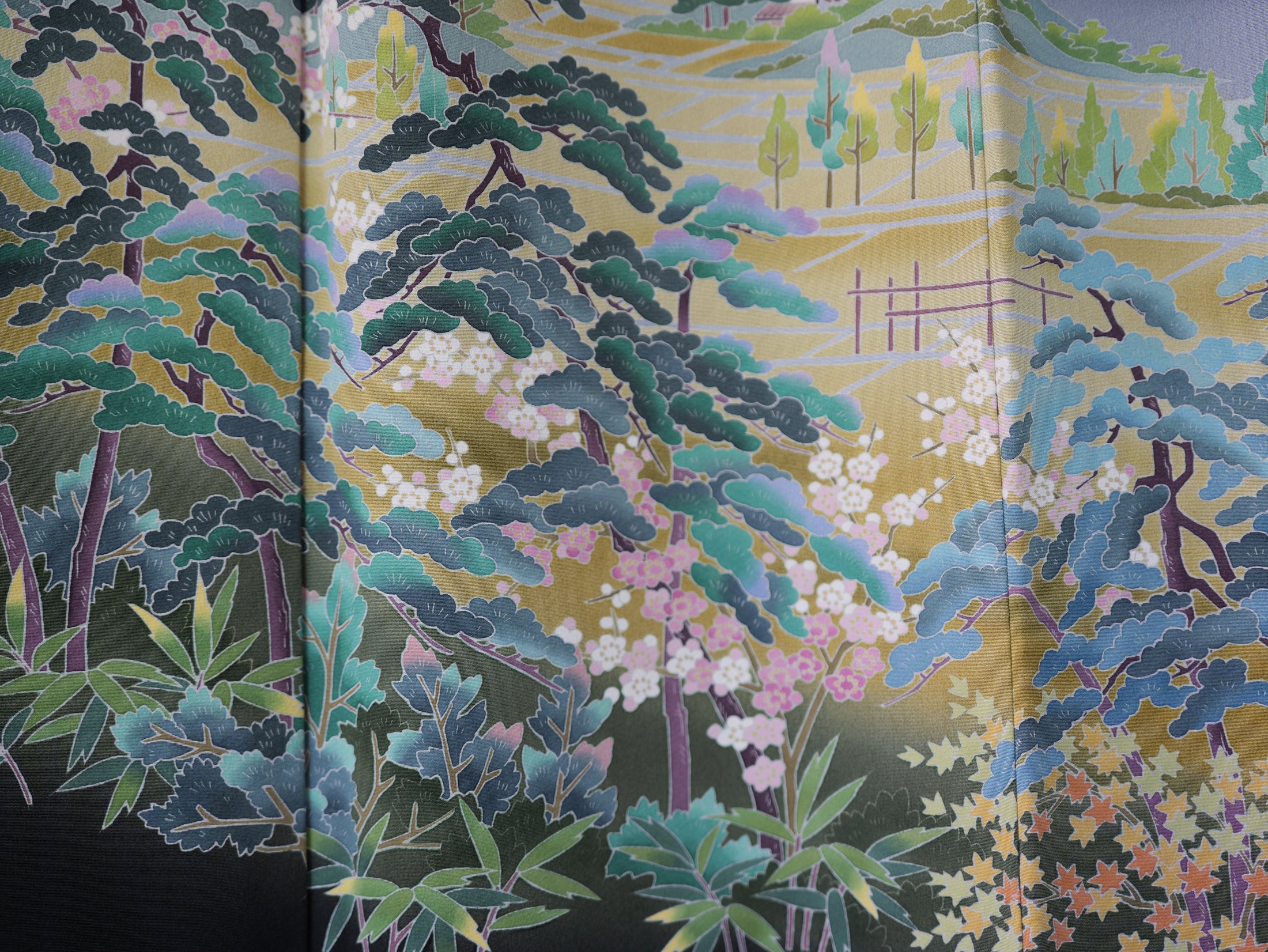Sakura Collection Fabric: AP9-07 Hazy Mountains Over Fields and Sakura Blooms