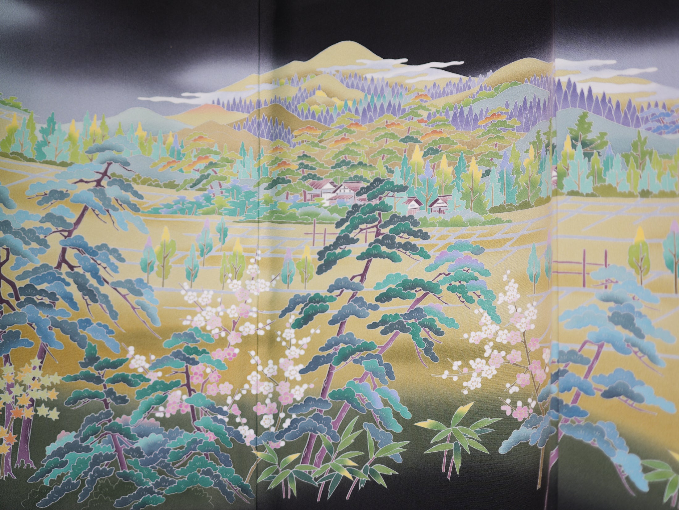 Sakura Collection Fabric: AP9-07 Hazy Mountains Over Fields and Sakura Blooms