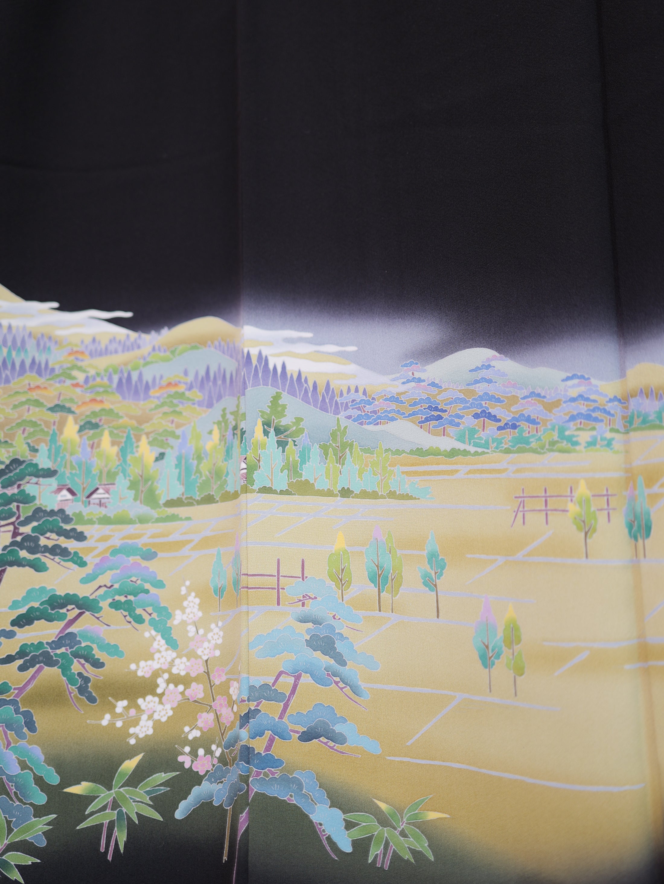 Sakura Collection Fabric: AP9-07 Hazy Mountains Over Fields and Sakura Blooms