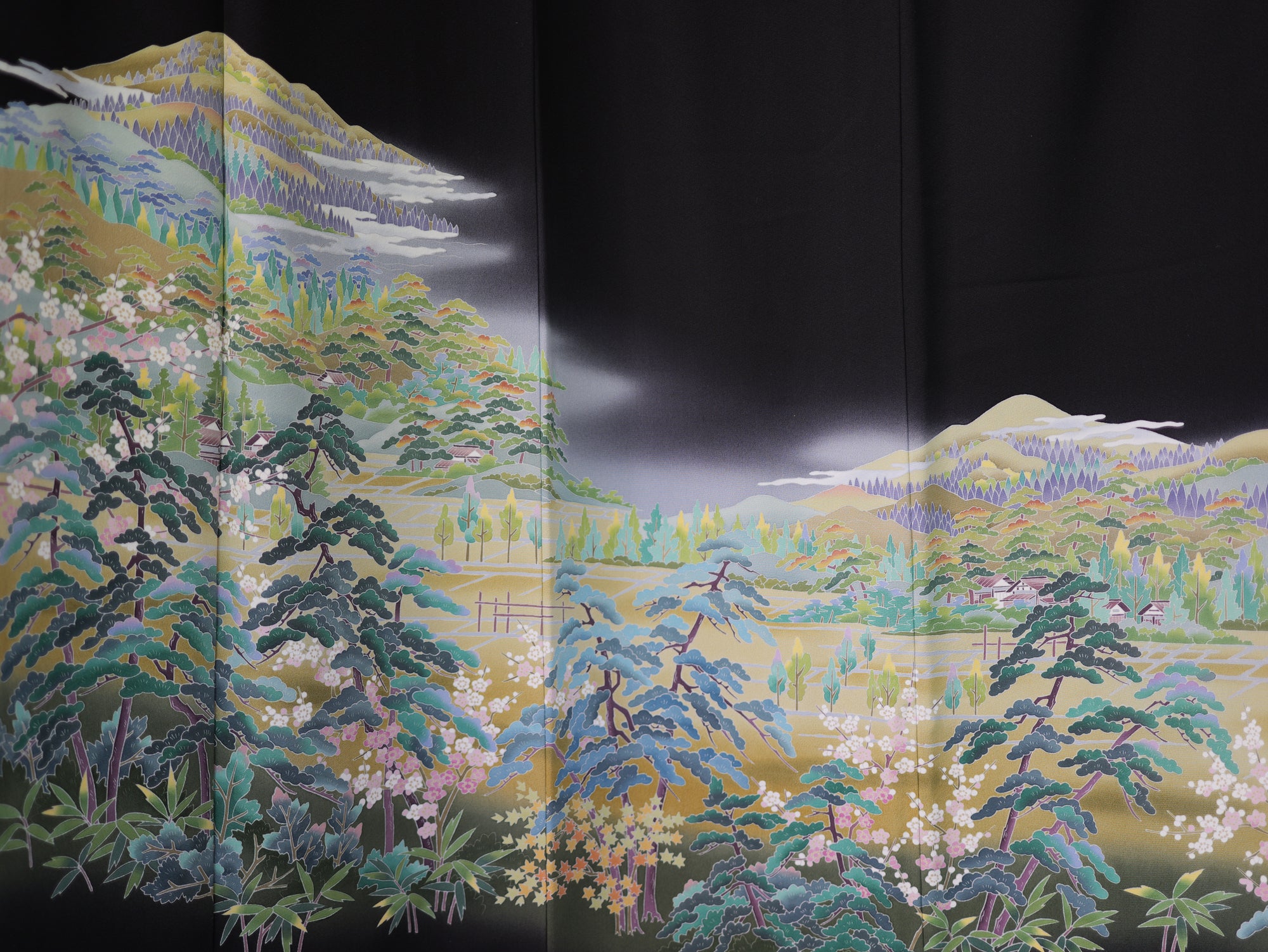 Sakura Collection Fabric: AP9-07 Hazy Mountains Over Fields and Sakura Blooms