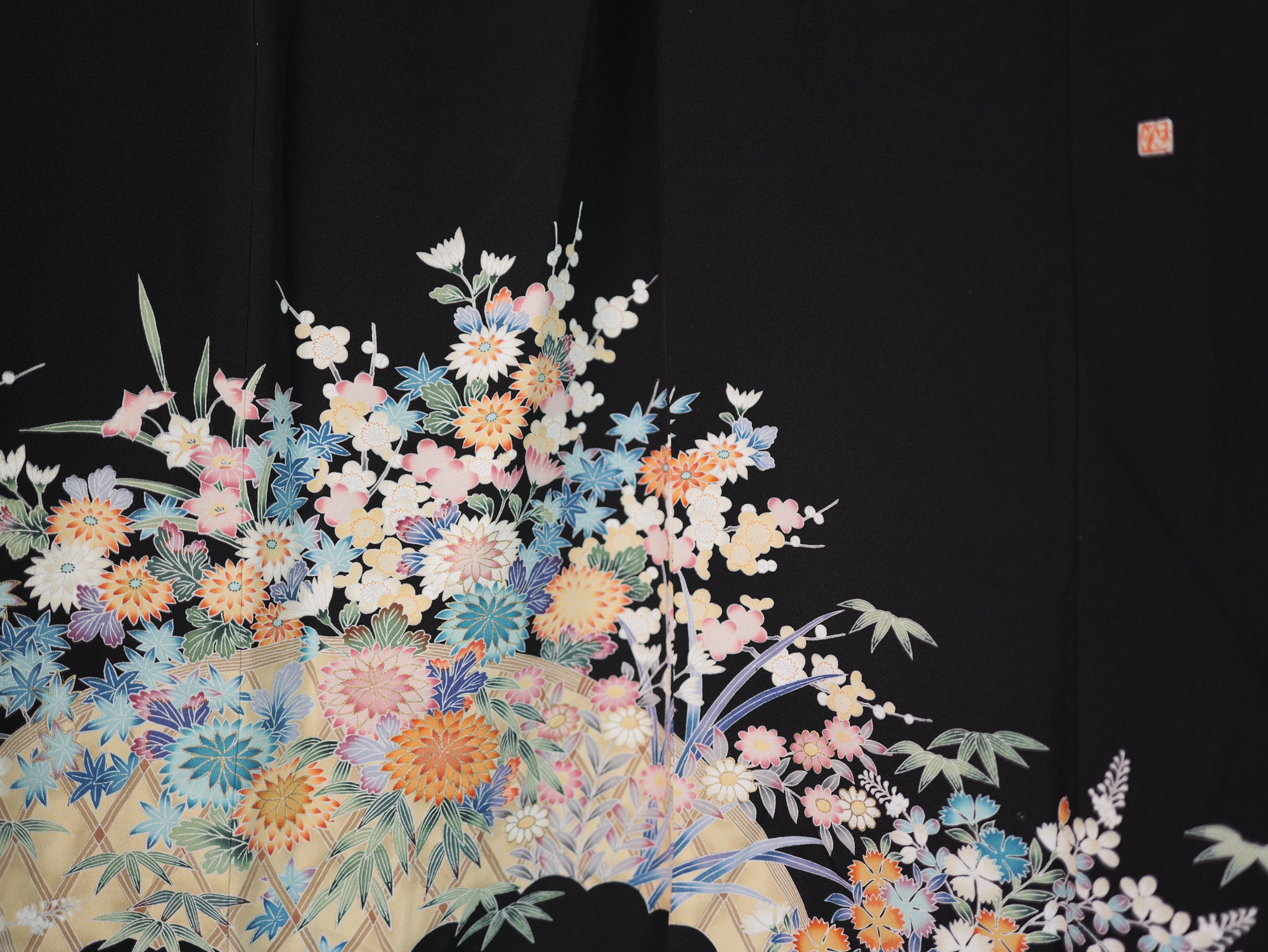 Sakura Collection Fabric: AP9-09 Colorful Chrysanthemums with Golden Outline