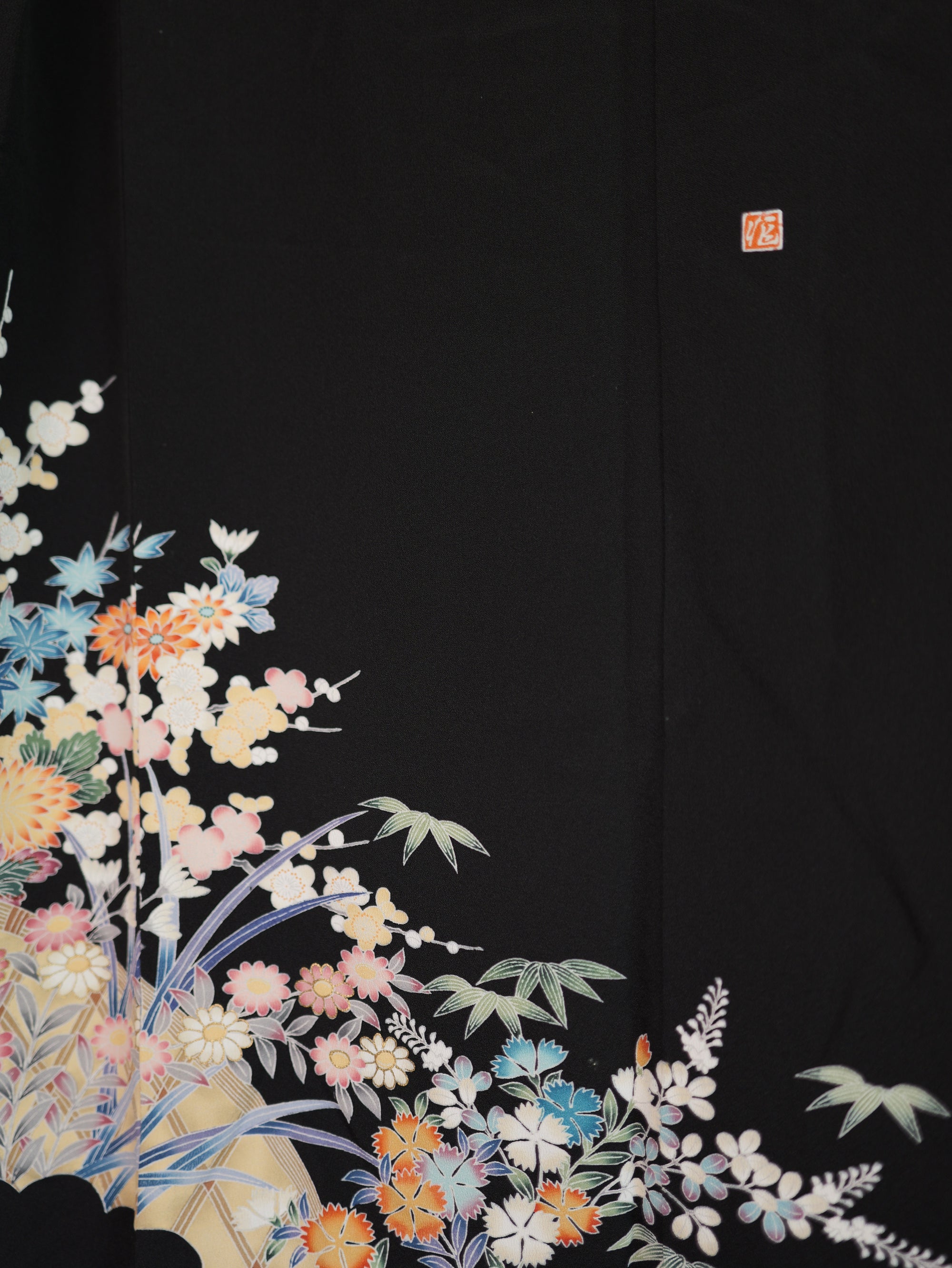 Sakura Collection Fabric: AP9-09 Colorful Chrysanthemums with Golden Outline