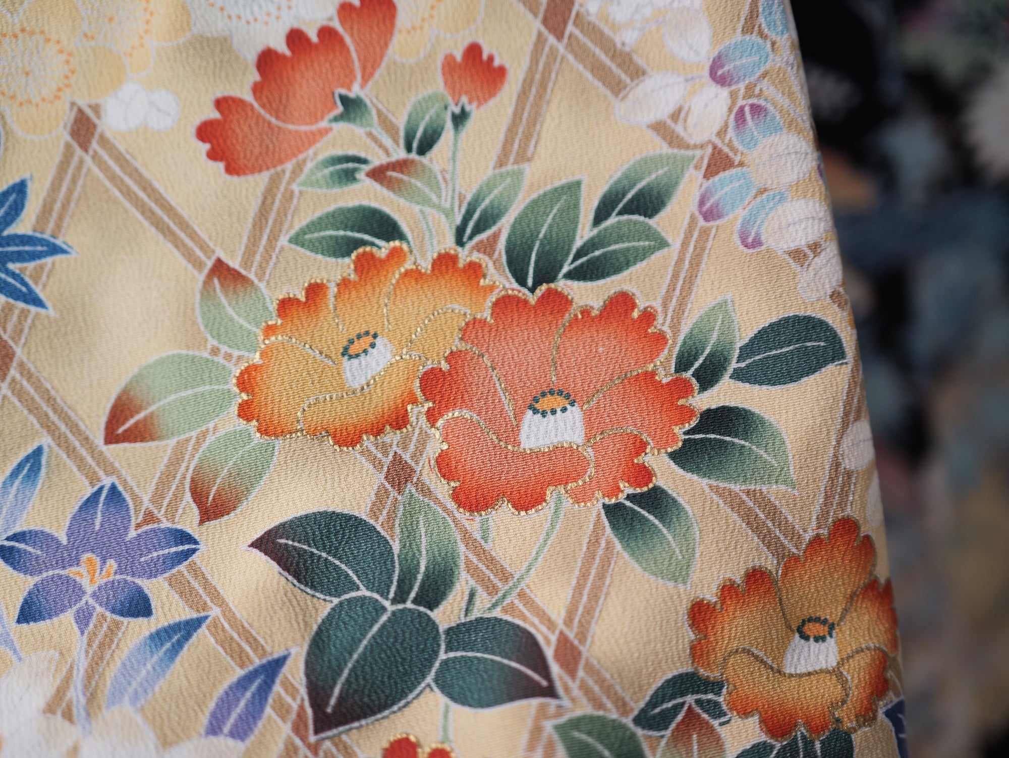Sakura Collection Fabric: AP9-09 Colorful Chrysanthemums with Golden Outline