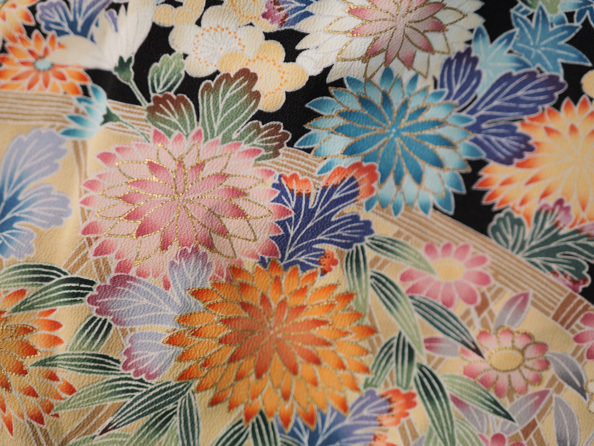 Sakura Collection Fabric: AP9-09 Colorful Chrysanthemums with Golden Outline