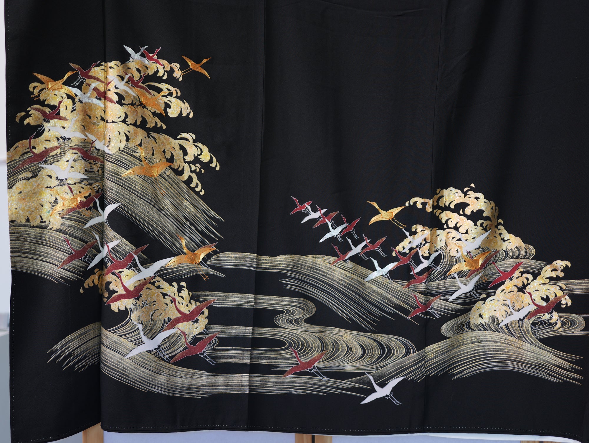 Sakura Collection Fabric: AP9-10 Gold and Red Cranes Over Golden Waves