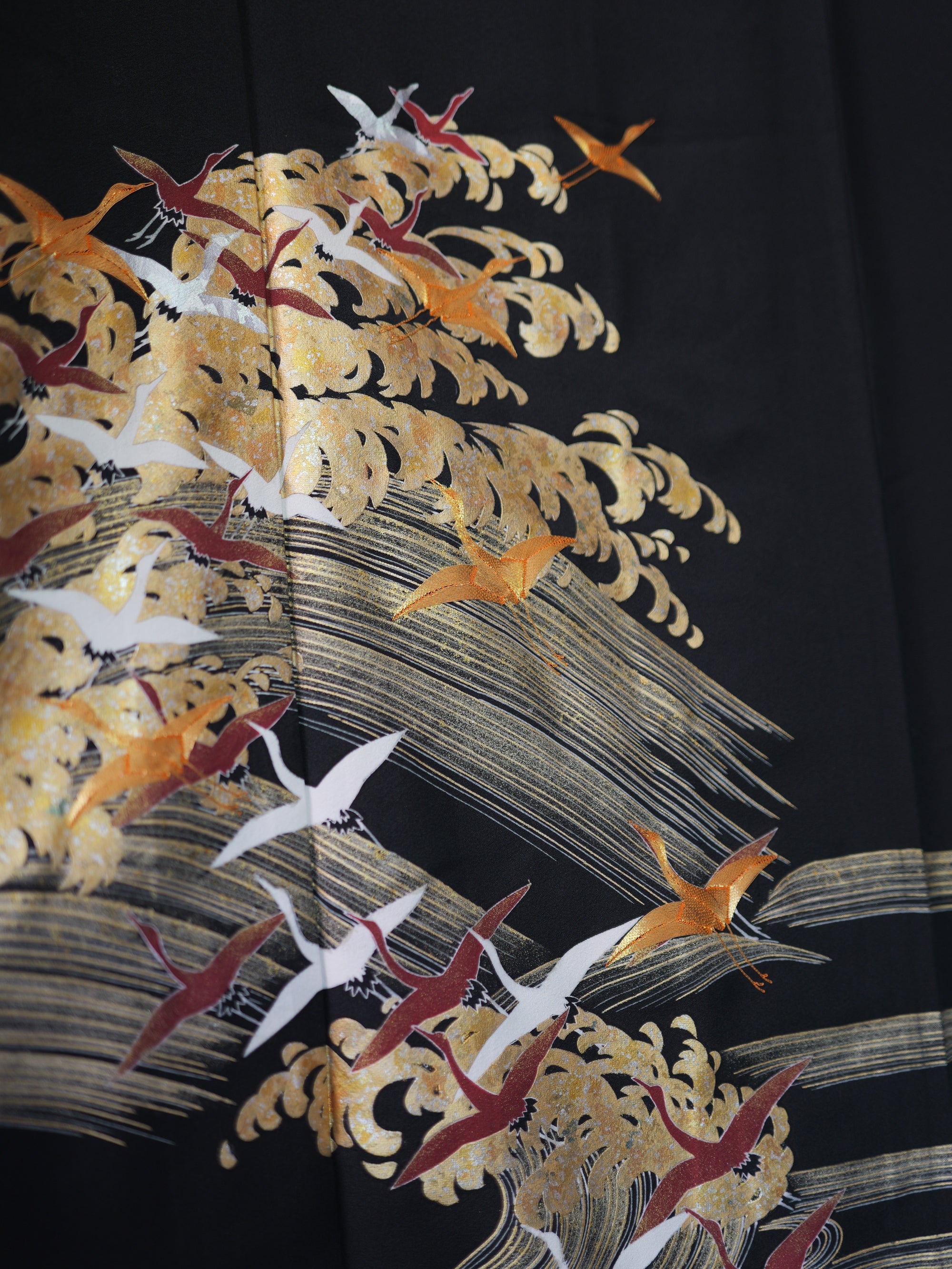Sakura Collection Fabric: AP9-10 Gold and Red Cranes Over Golden Waves
