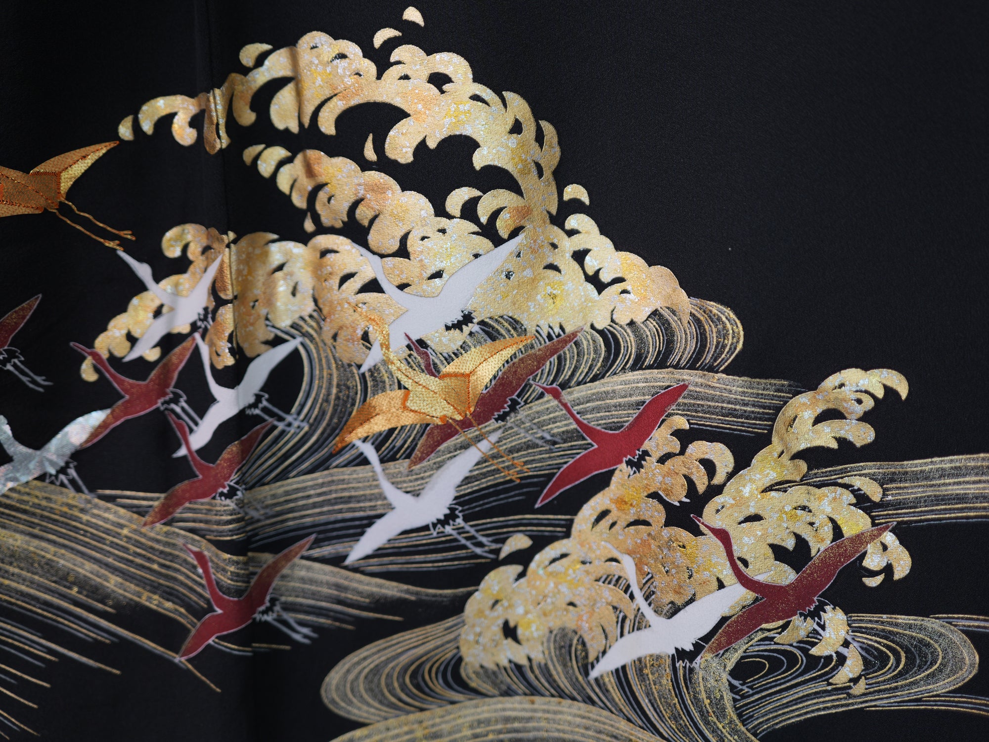 Sakura Collection Fabric: AP9-10 Gold and Red Cranes Over Golden Waves