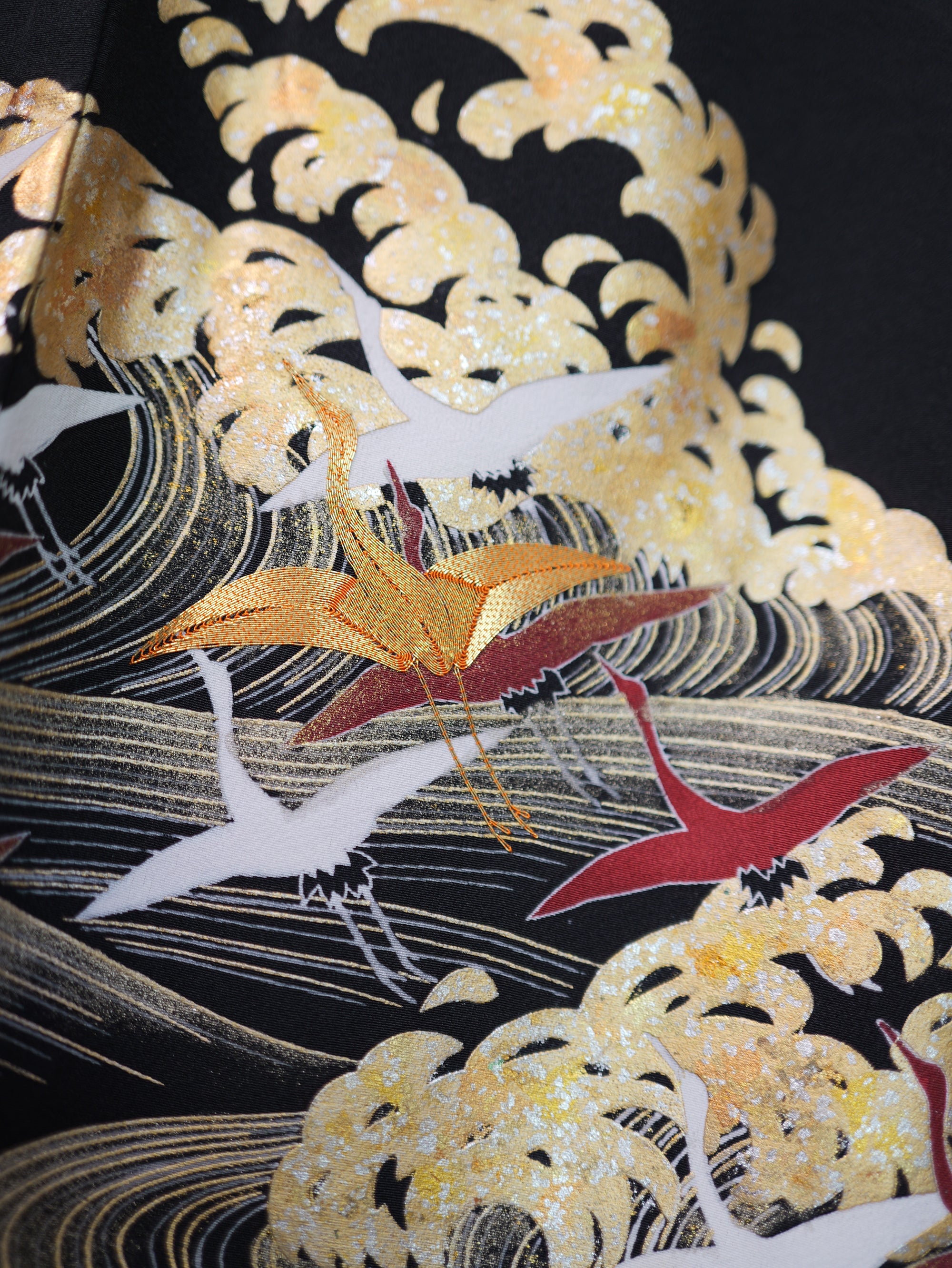 Sakura Collection Fabric: AP9-10 Gold and Red Cranes Over Golden Waves