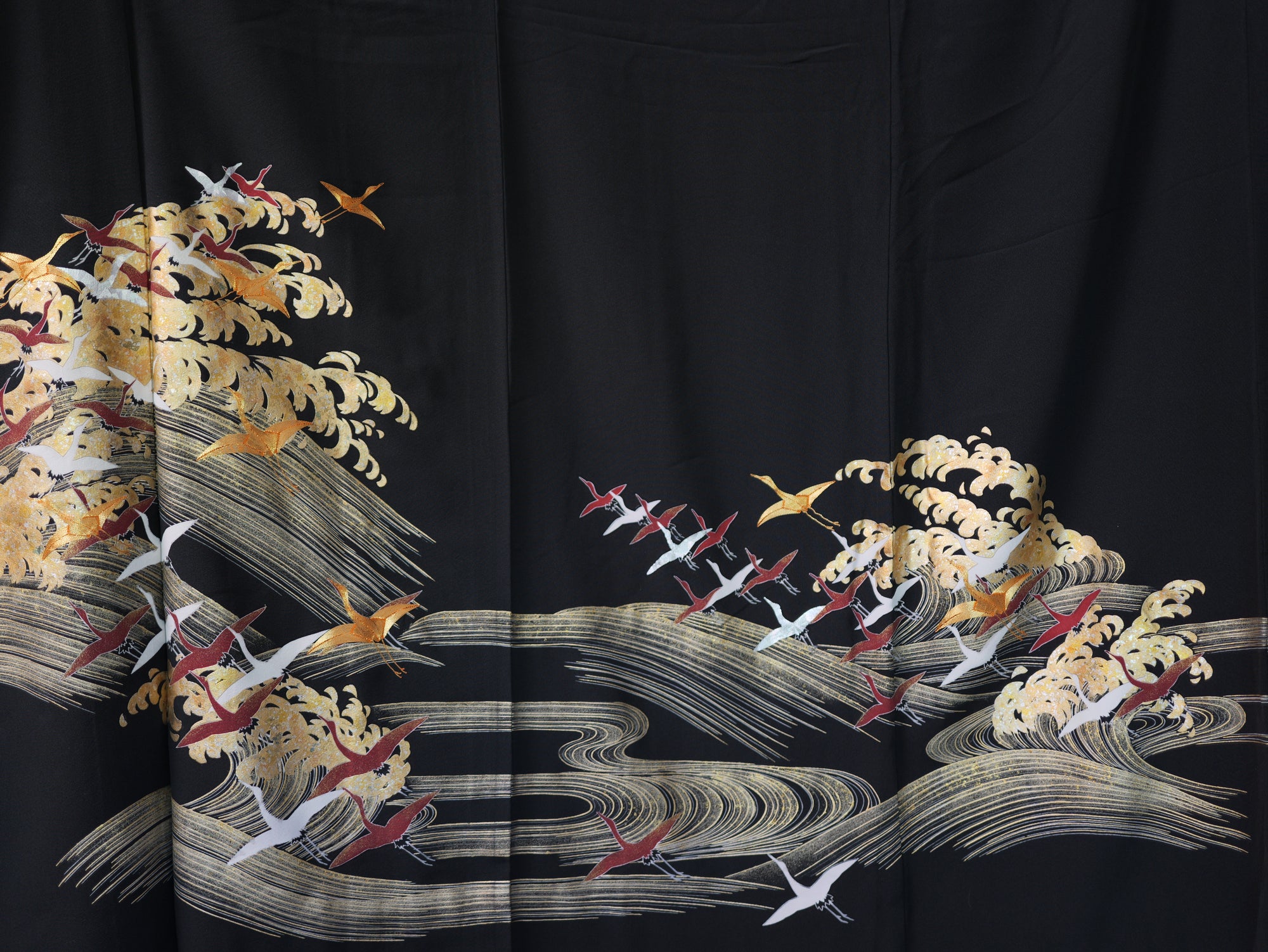 Sakura Collection Fabric: AP9-10 Gold and Red Cranes Over Golden Waves
