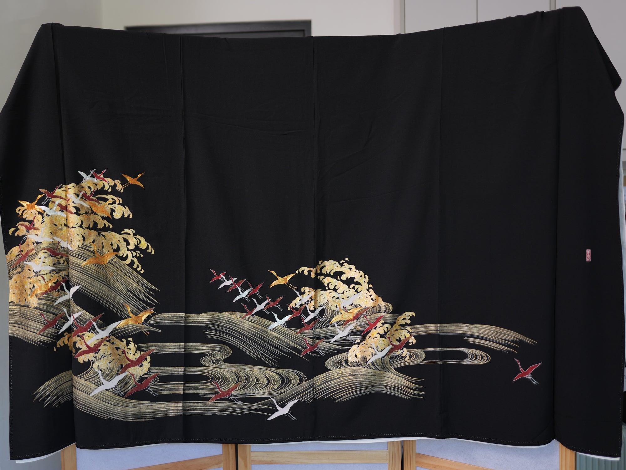 Sakura Collection Fabric: AP9-10 Gold and Red Cranes Over Golden Waves