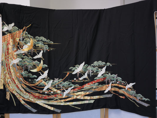 Premium Fabric: AP9-08 White Cranes Flying With Golden Strips of Fabric